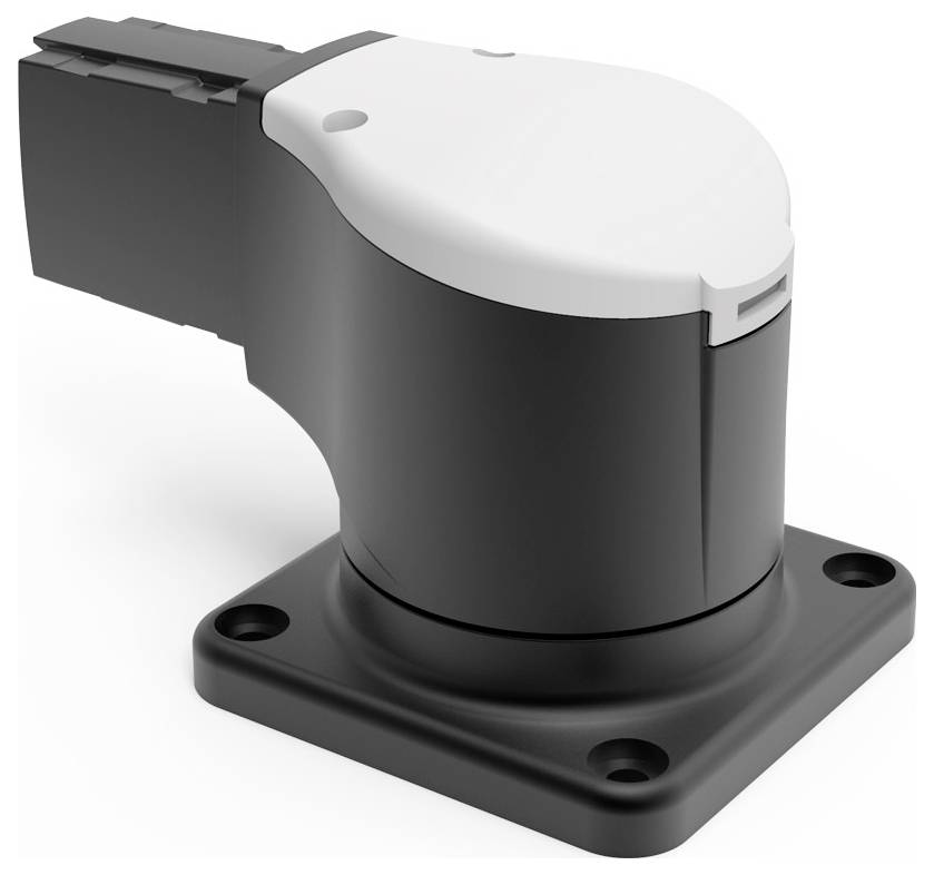 Schwarzer, rechteckiger elektrischer Steckverbinder mit weißen Akzenten, montiert auf einer quadratischen Basis mit vier Befestigungslöchern.