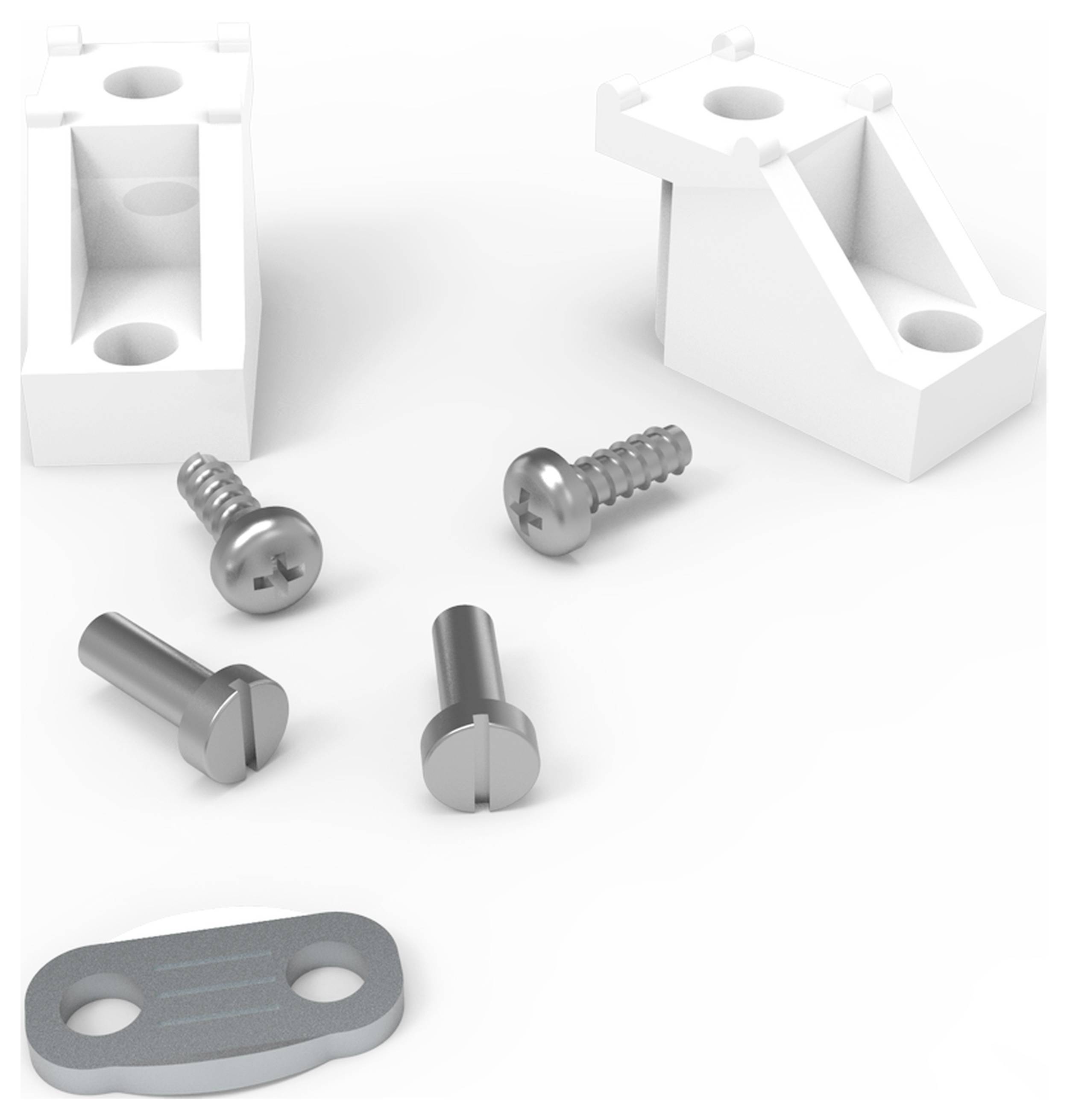 Ein Satz mit weißen Montagehalterungen, silbernen Schrauben und einer grauen flachen Verbindungsplatte auf weißem Hintergrund.