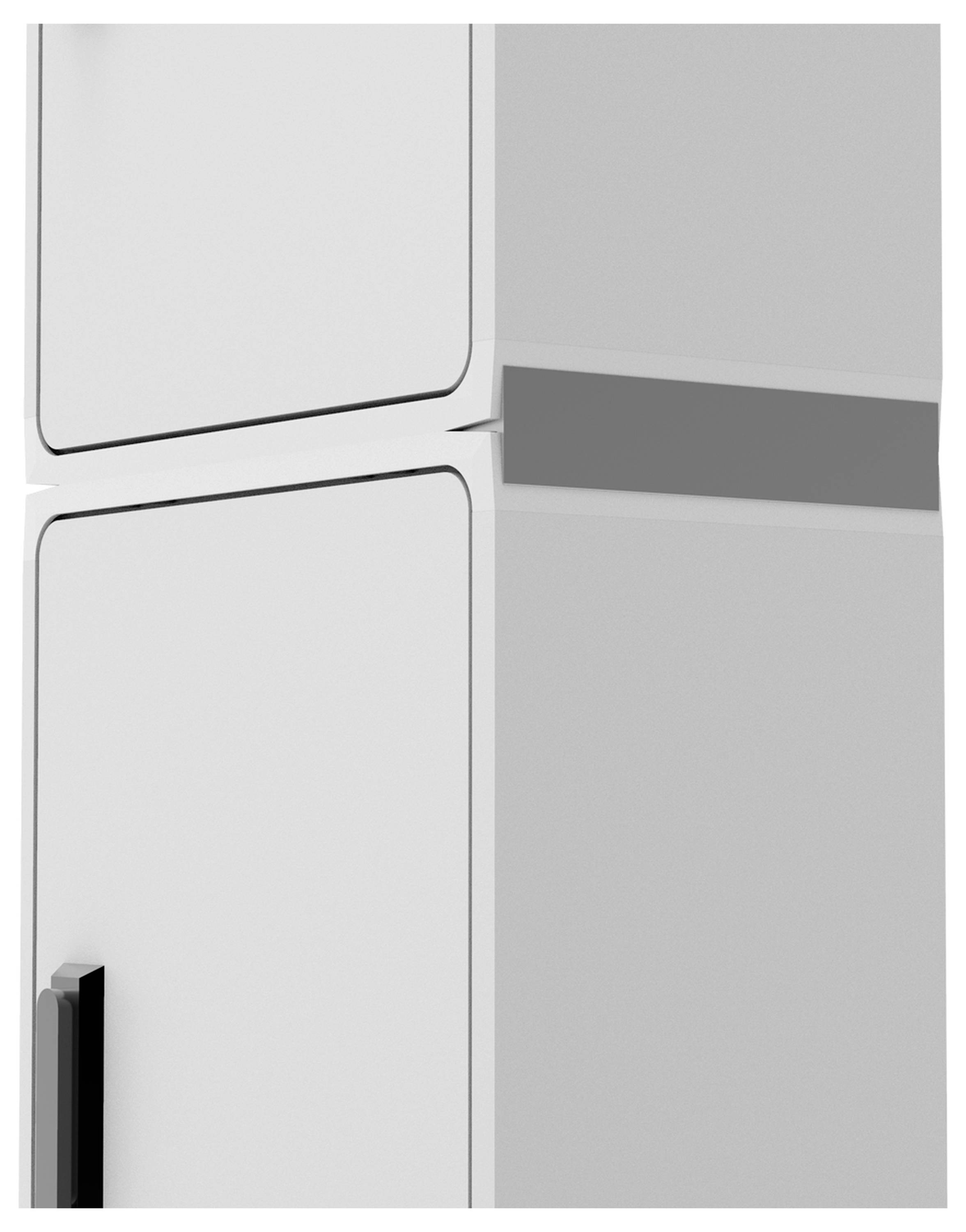 Helle, minimalistische Kühlschranktüren mit schwarzen Griffen und klaren Linien, die Eleganz und Funktionalität betonen.