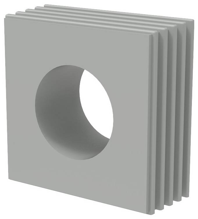 Graues, quadratisches Deko-Objekt mit rundem Loch in der Mitte, strukturierte Oberfläche an den Seiten, modern und minimalistisch.