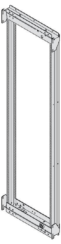 Zeichnung eines vertikalen rechteckigen Rahmens mit Schienen und Schraubverbindungen, möglicherweise Teil eines modularen Montagesystems.