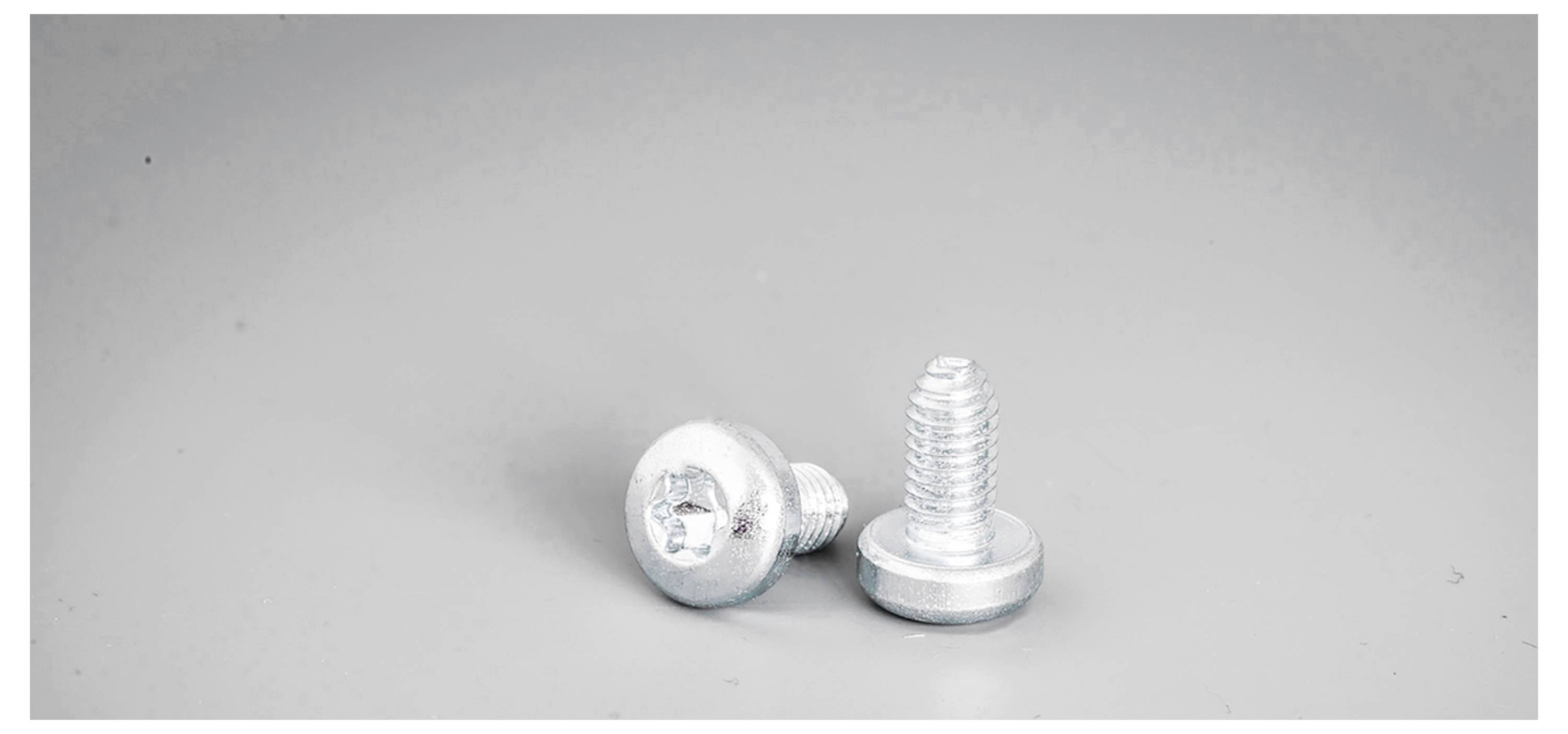 Zwei silberne Metallschrauben auf grauem Hintergrund, eine aufrecht stehend, die andere liegt flach daneben.