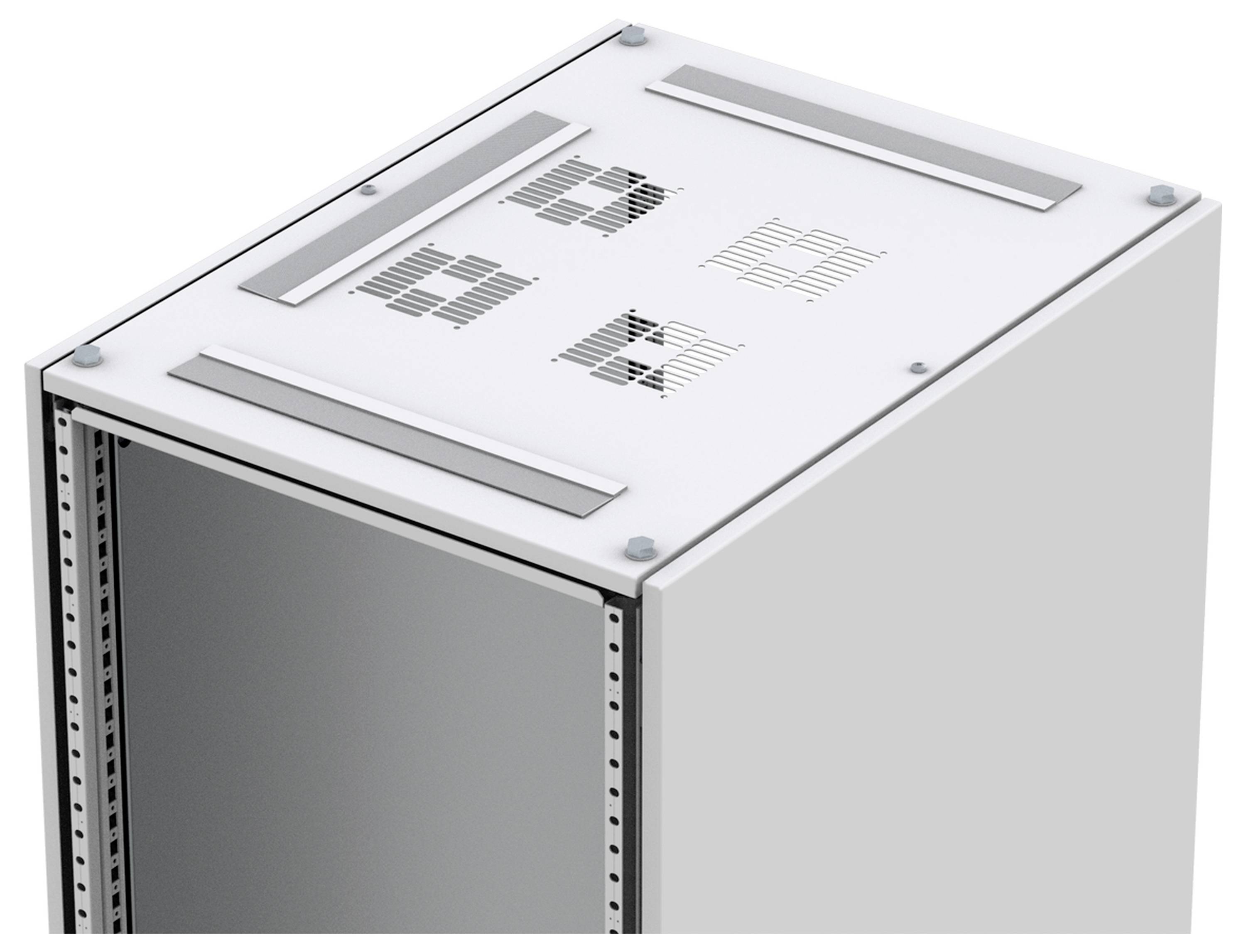 Metallgehäuse von oben, mit Lüftungsschlitzen und offenen Seiten. Es zeigt einen Server- oder technischen Geräteschrank.