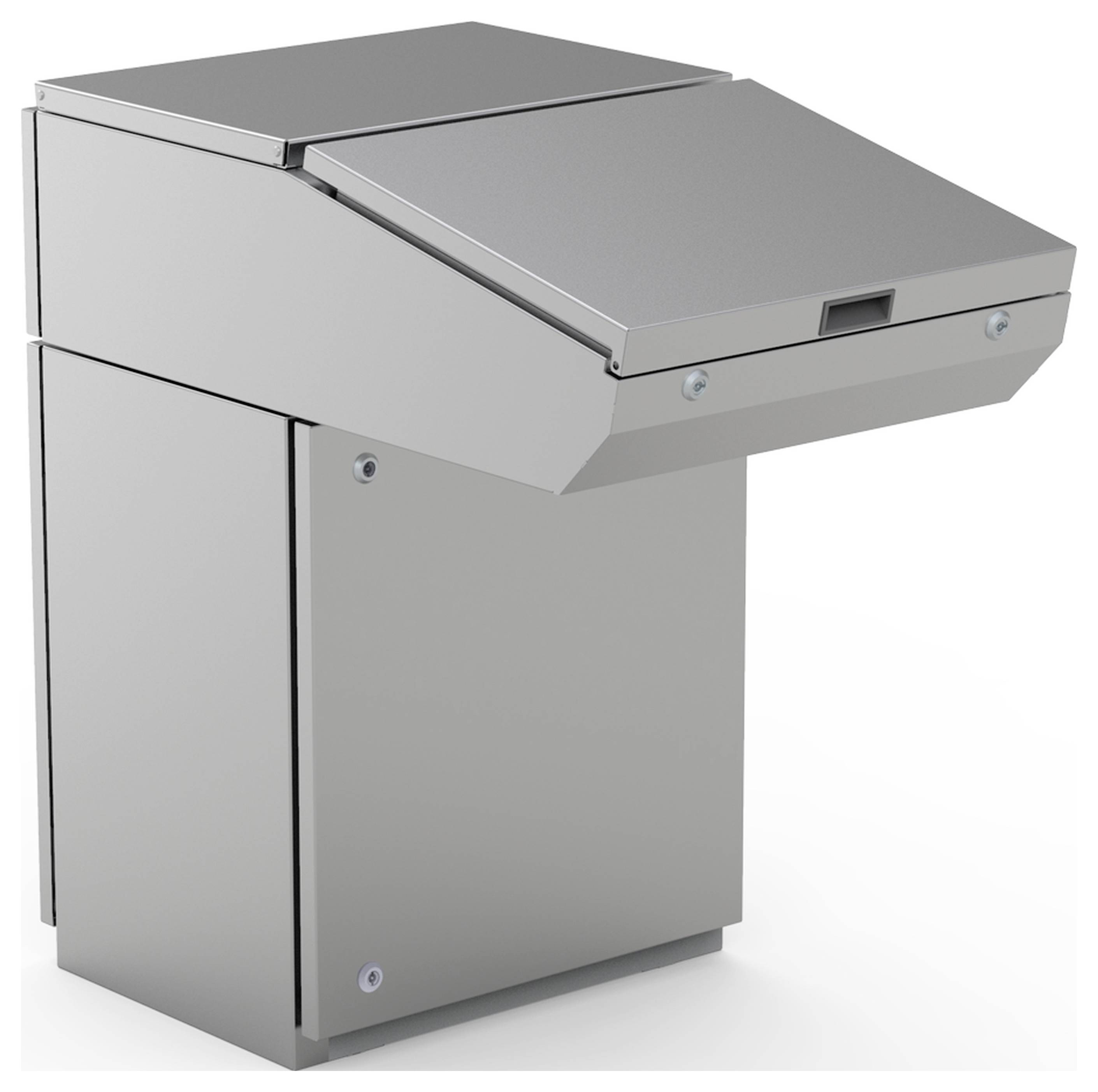 Metallische Box mit abgeschrägtem Deckel und Scharnieren. Industrielles Design, vermutlich für Lagerung oder Schutz von Geräten.