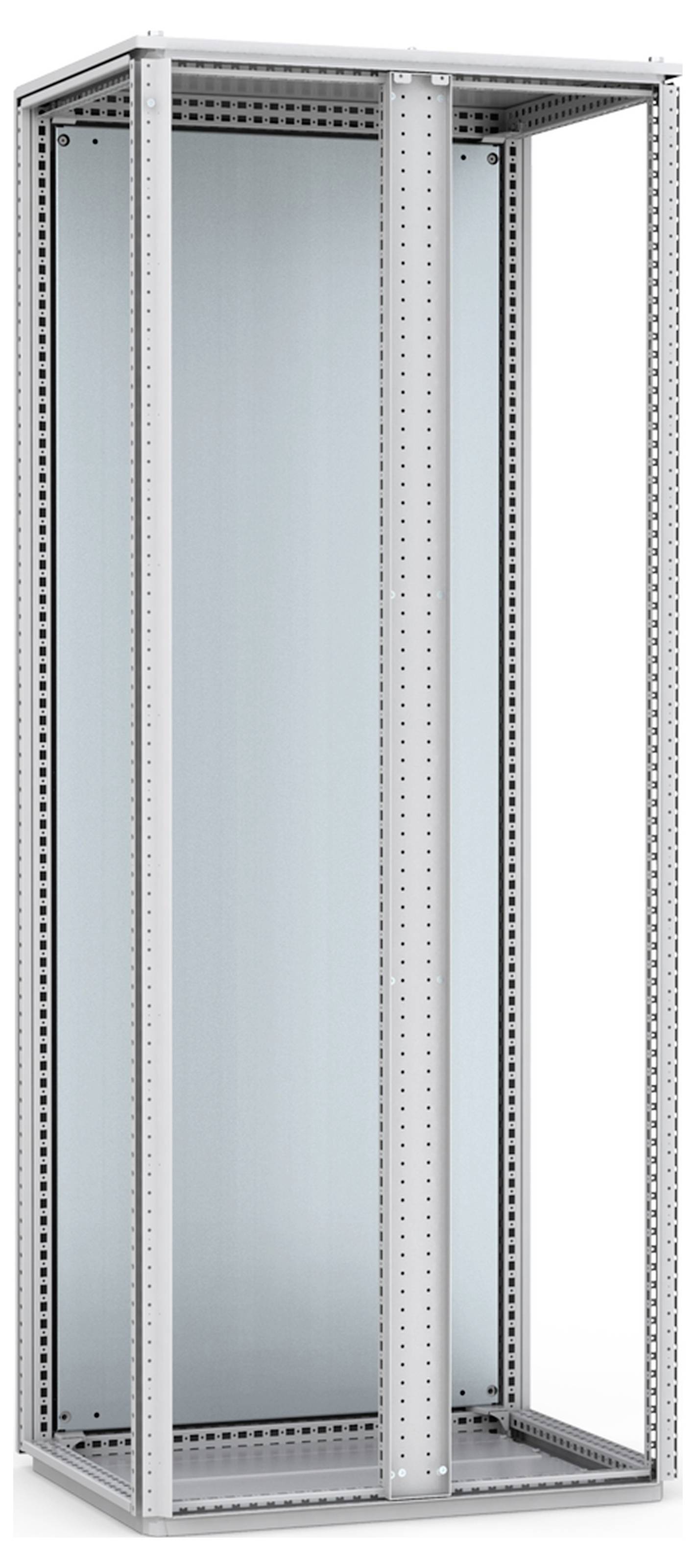 Grau-metallisches, offenes Standgehäuse mit perforierten Seiten, geeignet für die Montage von elektrischen oder Netzwerkkomponenten.
