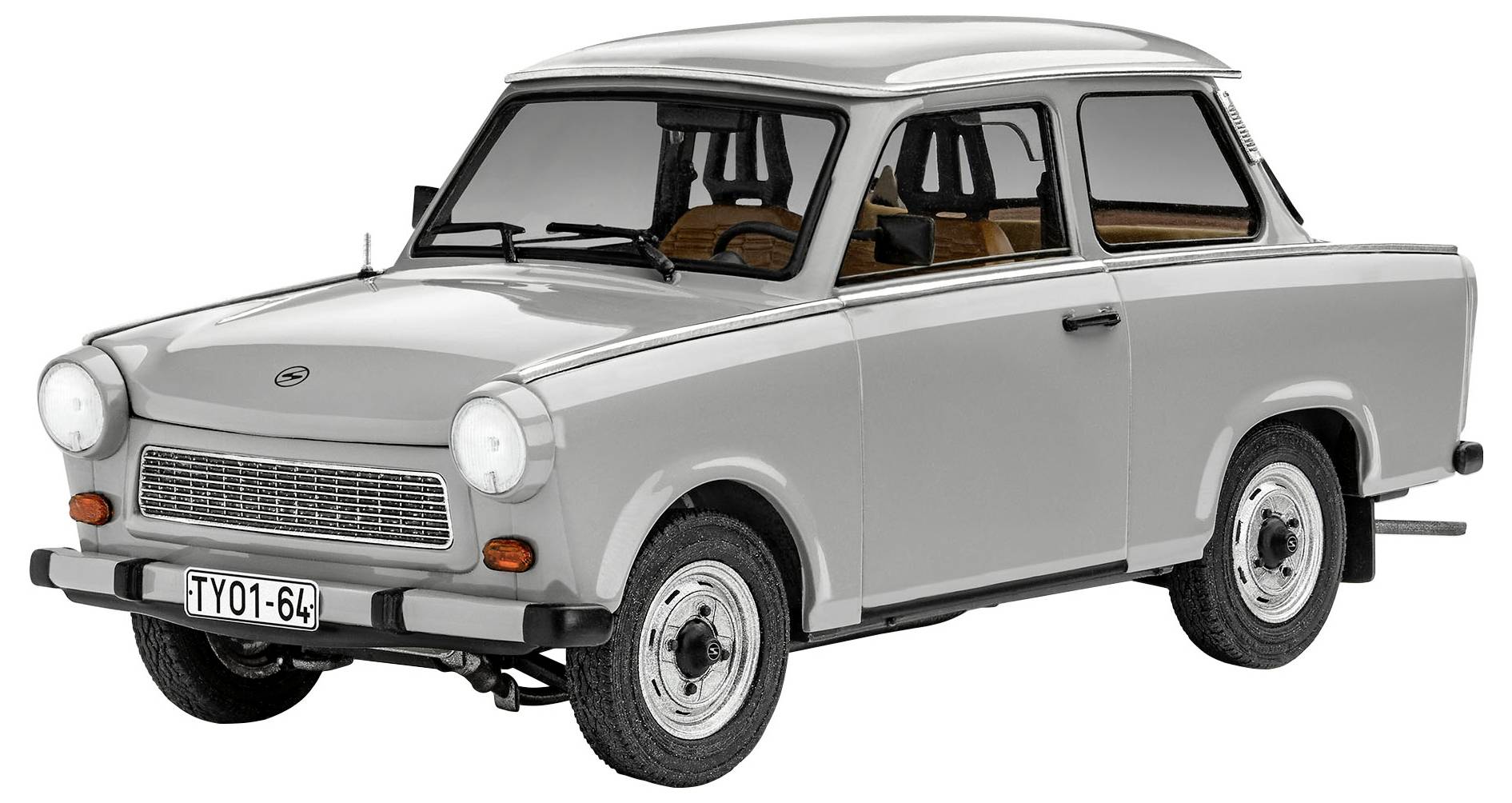 Ein grauer Trabant 601, ein ikonisches Auto aus der DDR, steht auf einem weißen Hintergrund. Das Fahrzeug hat ein klassisches Retro-Design.
