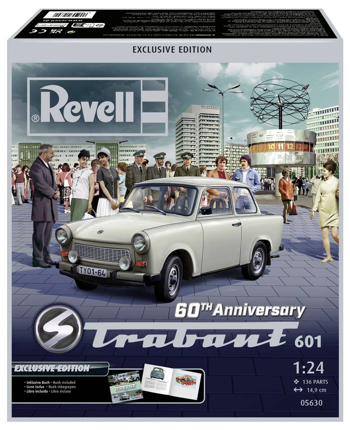 Eine Verpackung zeigt ein Modellauto Trabant 601 vor einer städtischen Kulisse zum 60-jährigen Jubiläum. Im Hintergrund Menschen und Gebäude.