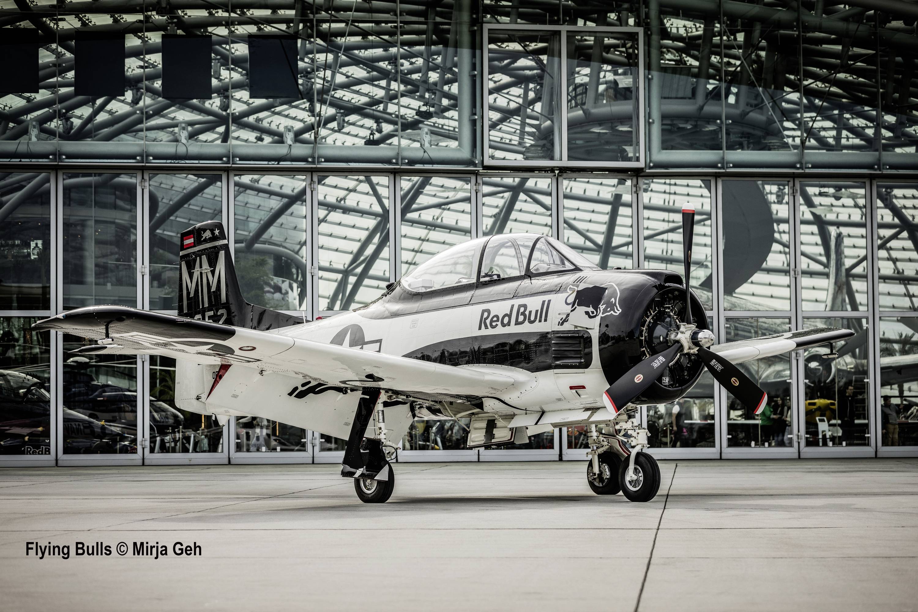 Ein schwarzes und weißes Flugzeug mit der Aufschrift 'Red Bull' steht vor einem modernen Gebäude aus Glas und Stahl.