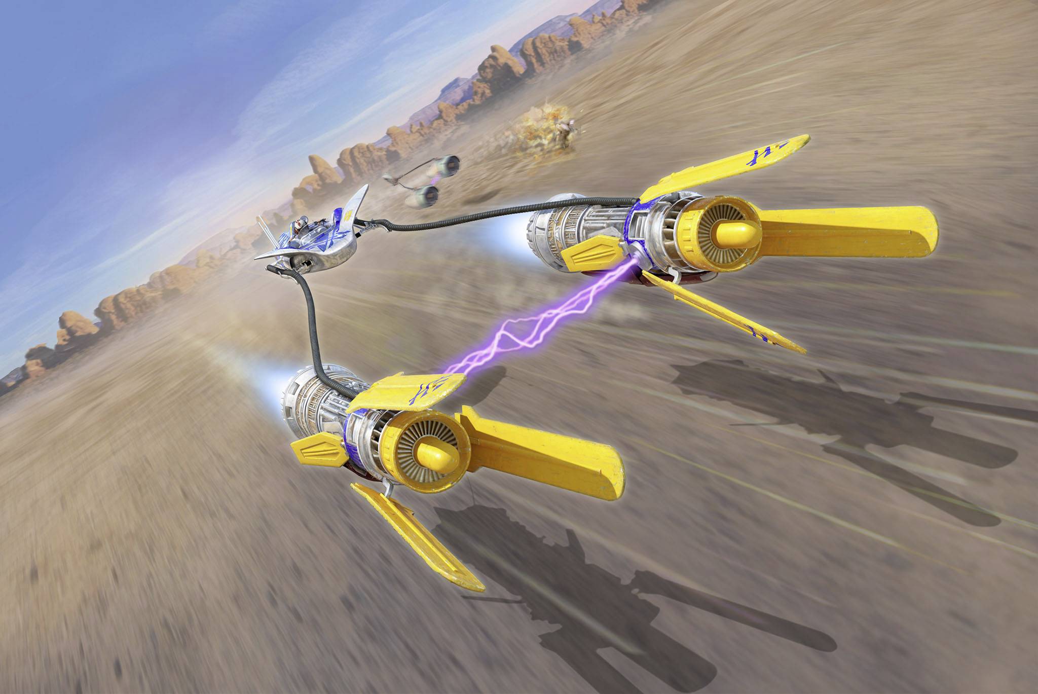 Ein gelbes Podracer-Fahrzeug fliegt mit hoher Geschwindigkeit durch eine Wüstenlandschaft. Zwei Triebwerke sind durch einen Energiefunken verbunden.