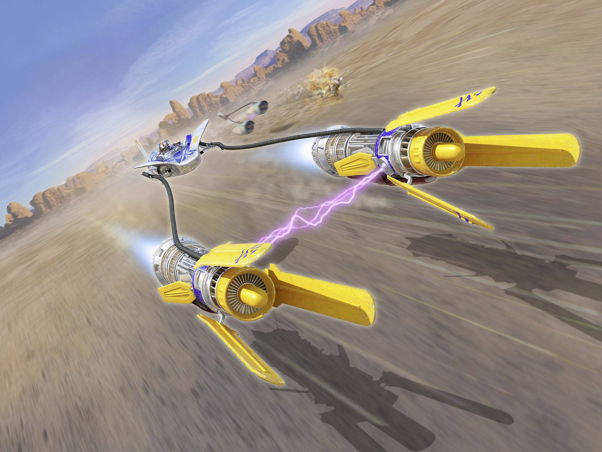 Futuristisches Fahrzeug mit zwei großen Turbinen schwebt schnell über eine Wüstenlandschaft. Elektrischer Strom verbindet die Turbinen.