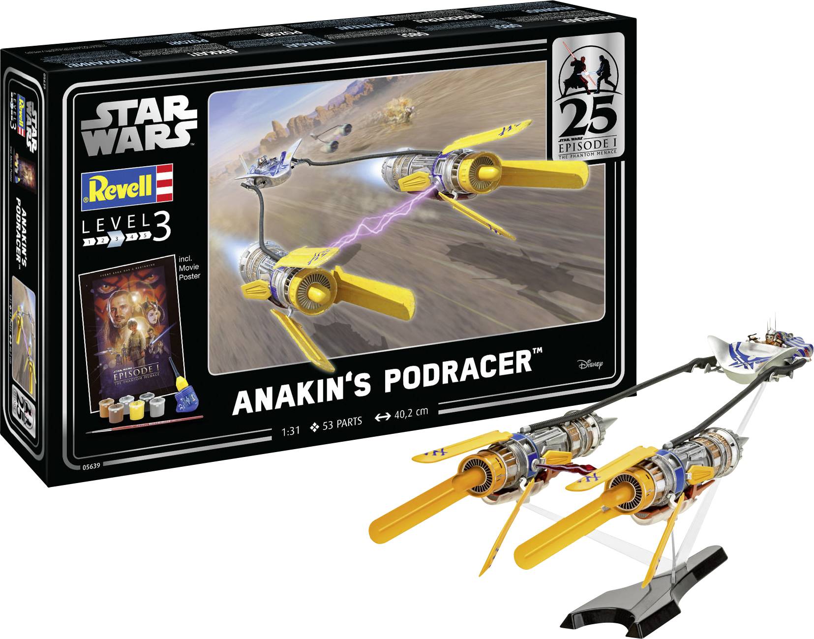 Bausatz des Podracers von Anakin aus Star Wars, Modell von Revell. Die Verpackung zeigt das fertige Modell im Rennen.