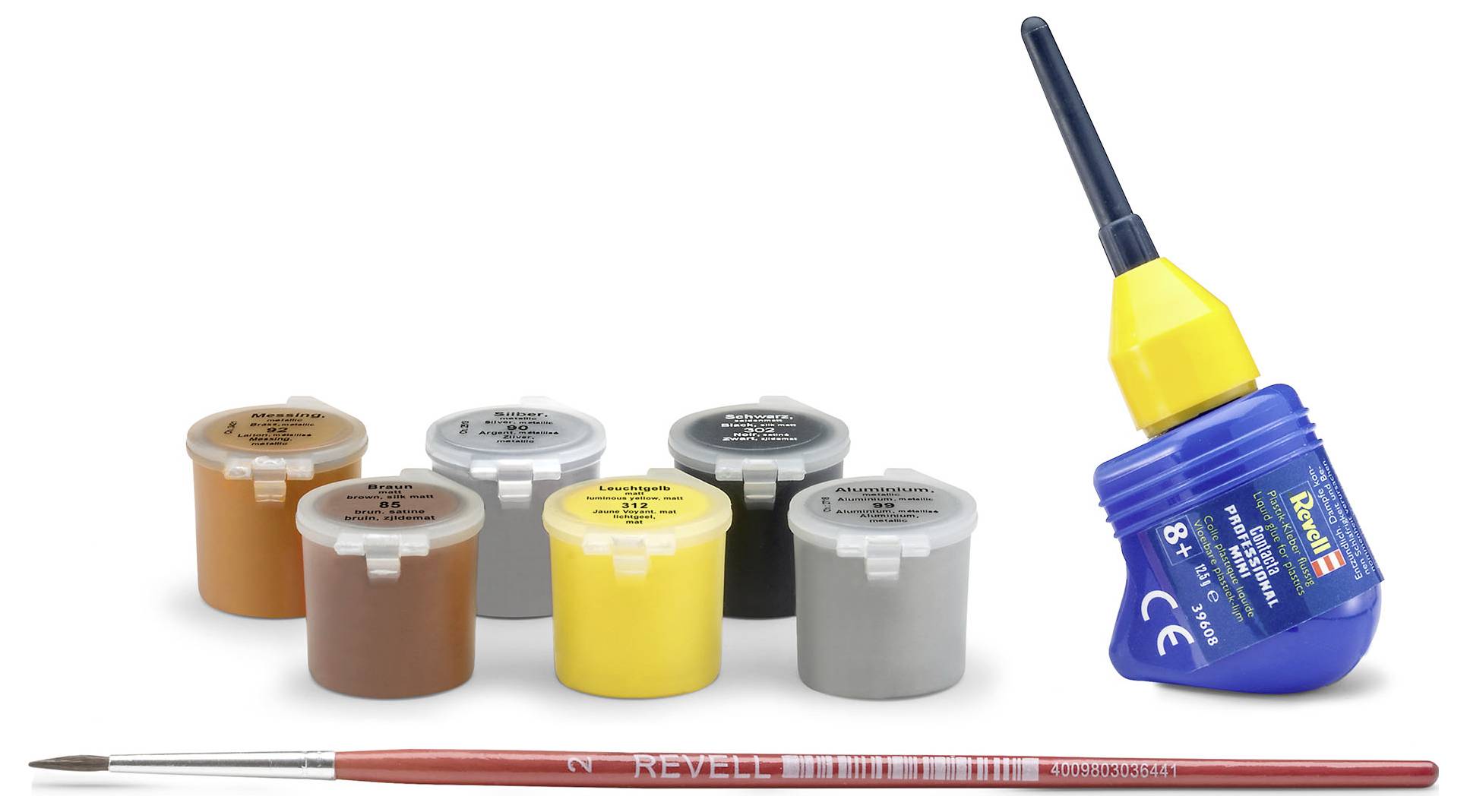 Eine Reihe von sechs Farbtöpfen in verschiedenen Farben, daneben ein Pinsel und ein Kleber; Materialien zum Modellbau.