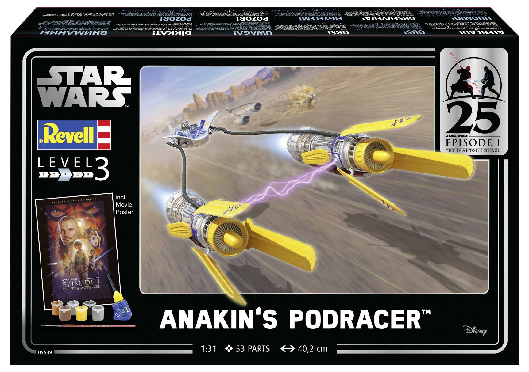 Star Wars Modellbausatz von Anakin's Podracer, Revell Level 3. Verpackung zeigt Podracer-Rennen in Wüste, inklusive Poster.