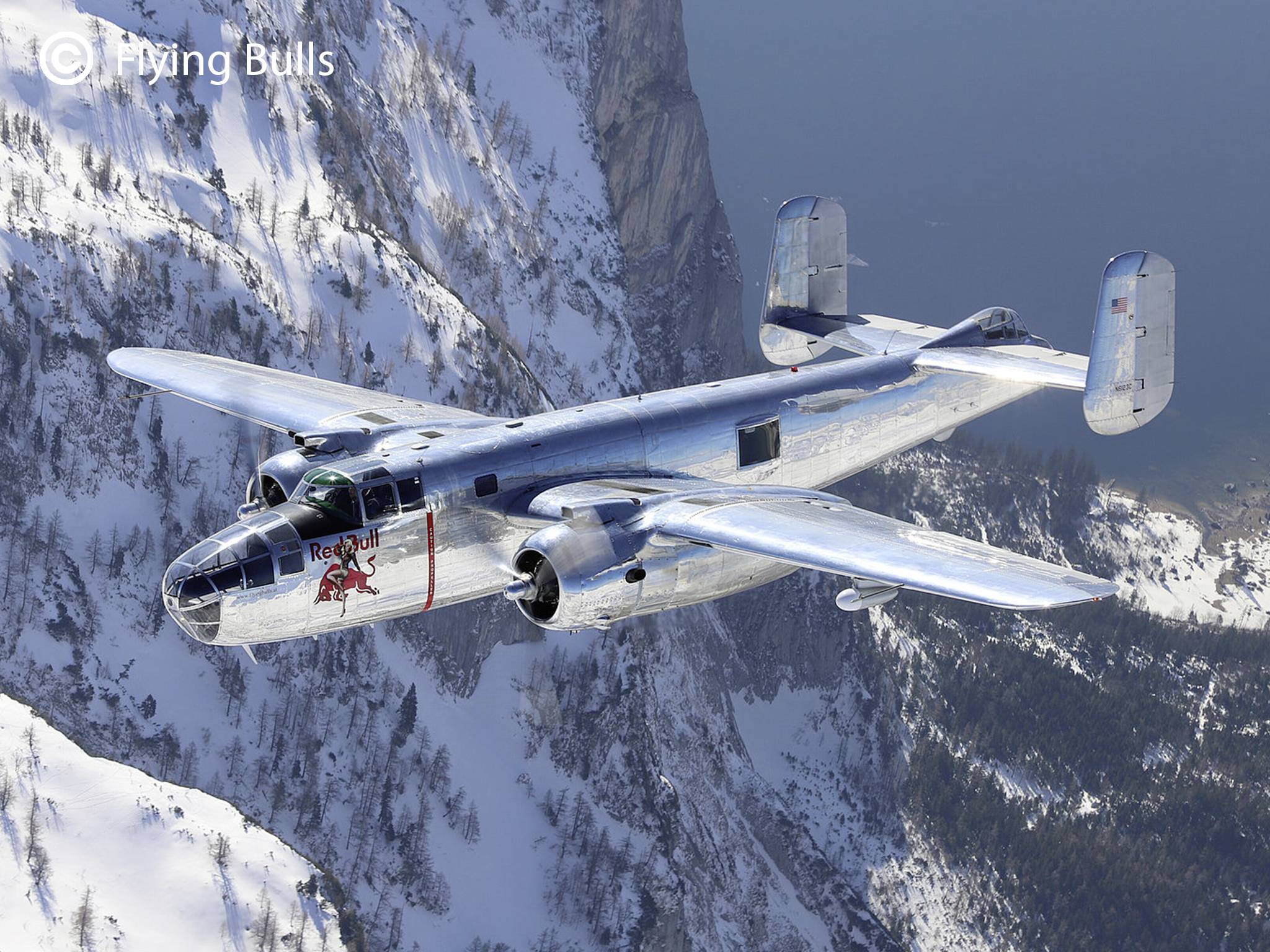 Ein silbernes zweimotoriges Flugzeug fliegt über schneebedeckte Berge und einen See. Handelsname oben links: 'Flying Bulls'.