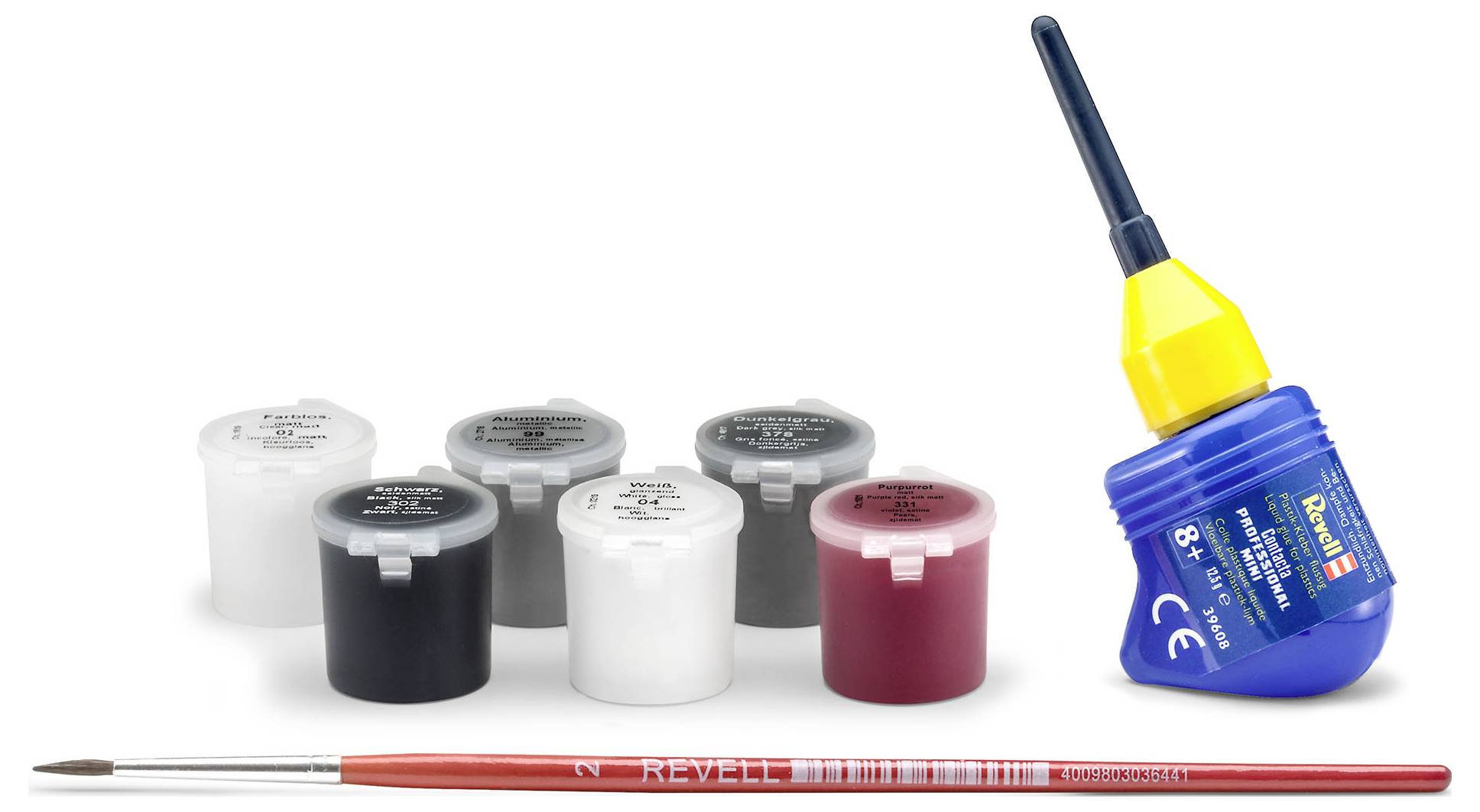 Farbset bestehend aus fünf kleinen Töpfen in verschiedenen Farben, einem Pinsel und einem blauen Kleber mit gelber Kappe.