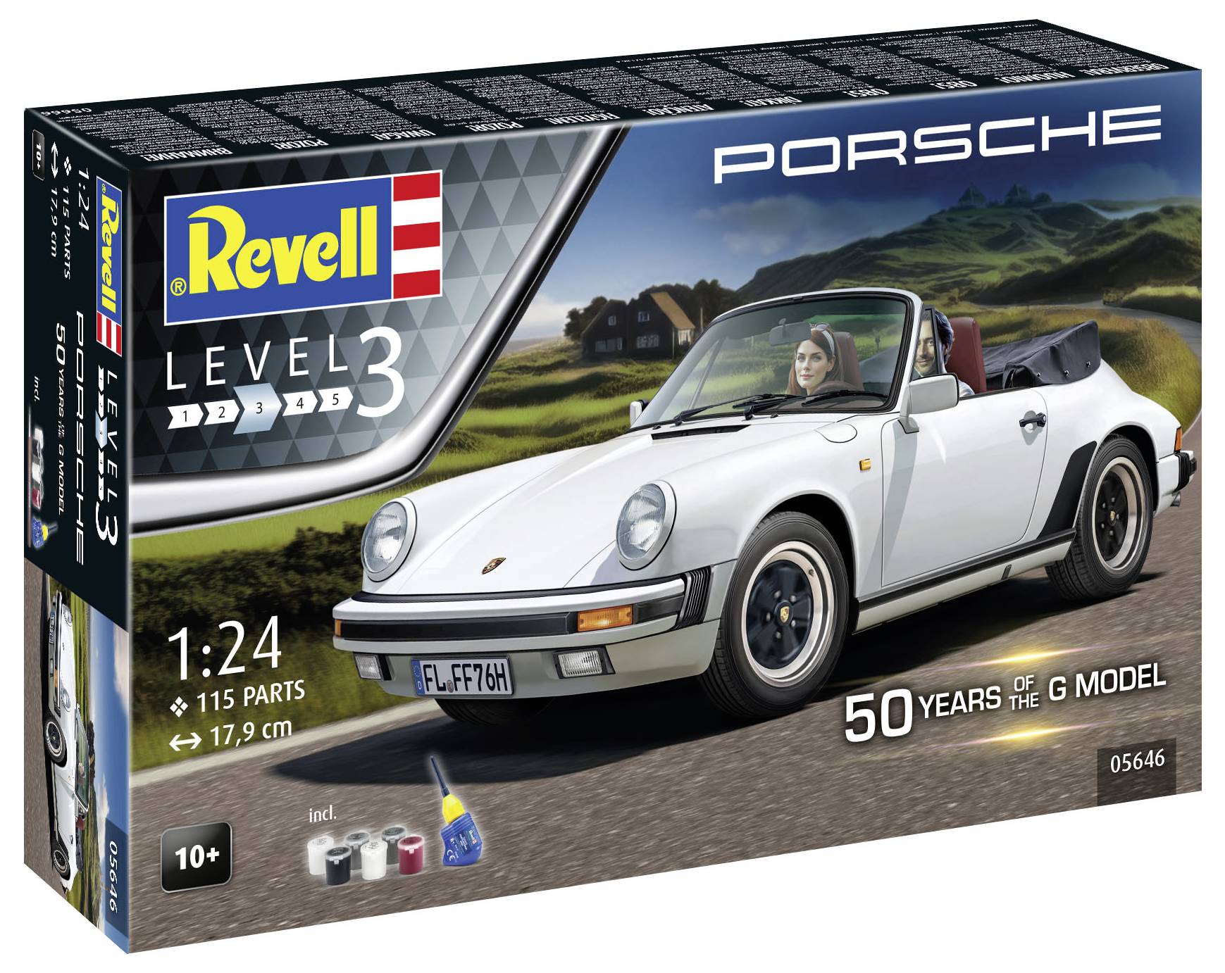 Bausatz-Box eines Modellautos: Porsche G-Modell. Maßstab 1:24, 115 Teile. Level 3 Schwierigkeitsgrad. '50 Jahre G-Modell'. Enthält Farben und Pinsel.