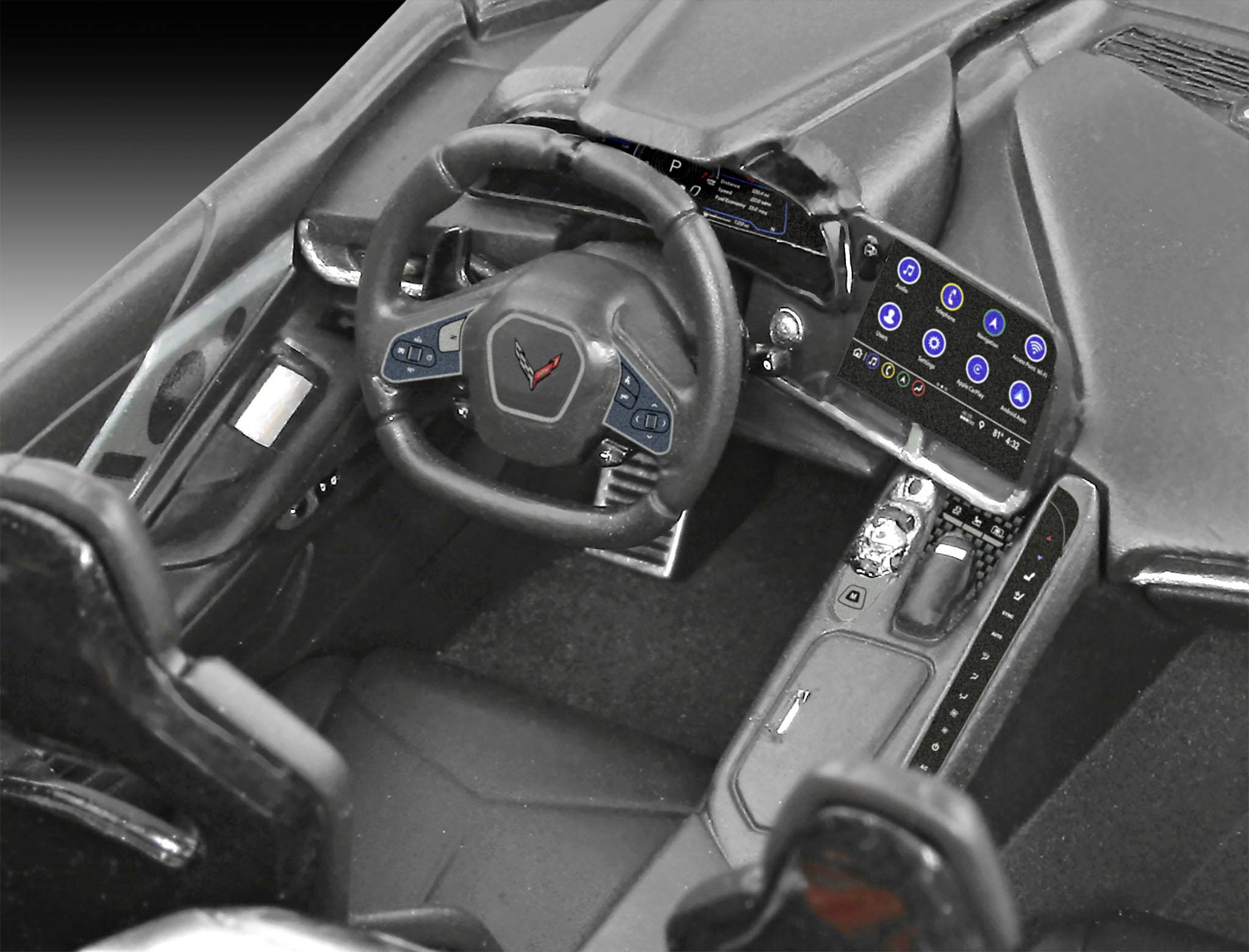 Innenansicht eines Autos mit Lenkrad, Tachometer und digitalem Display. Zeigt moderne Fahrzeugtechnologie und Bedienungselemente.