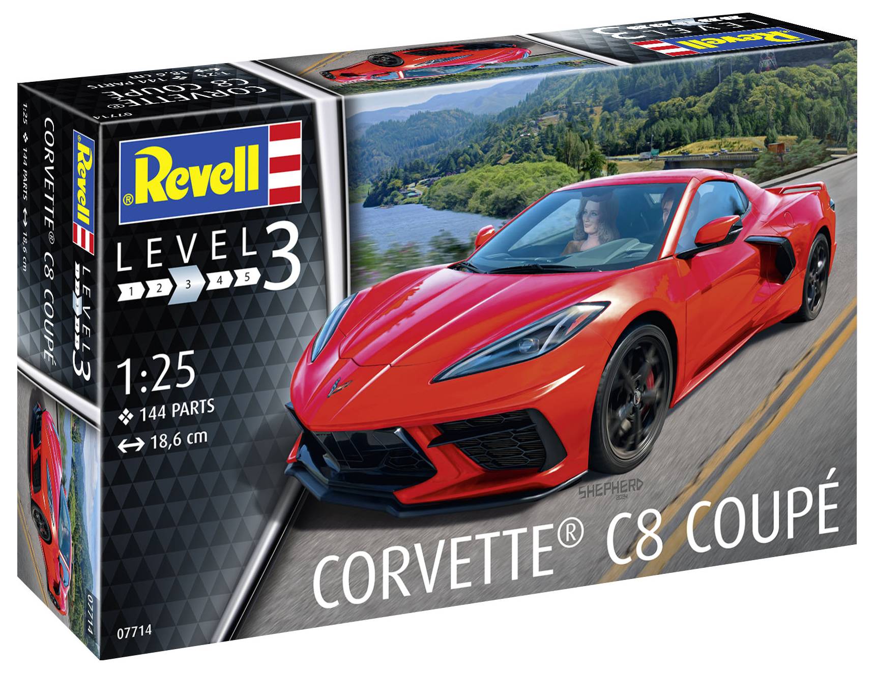 Verpackung eines Modellbausatzes von Revell. Zeigt ein rotes Corvette C8 Coupé, Level 3 Schwierigkeitsgrad, Maßstab 1:25. 144 Teile.