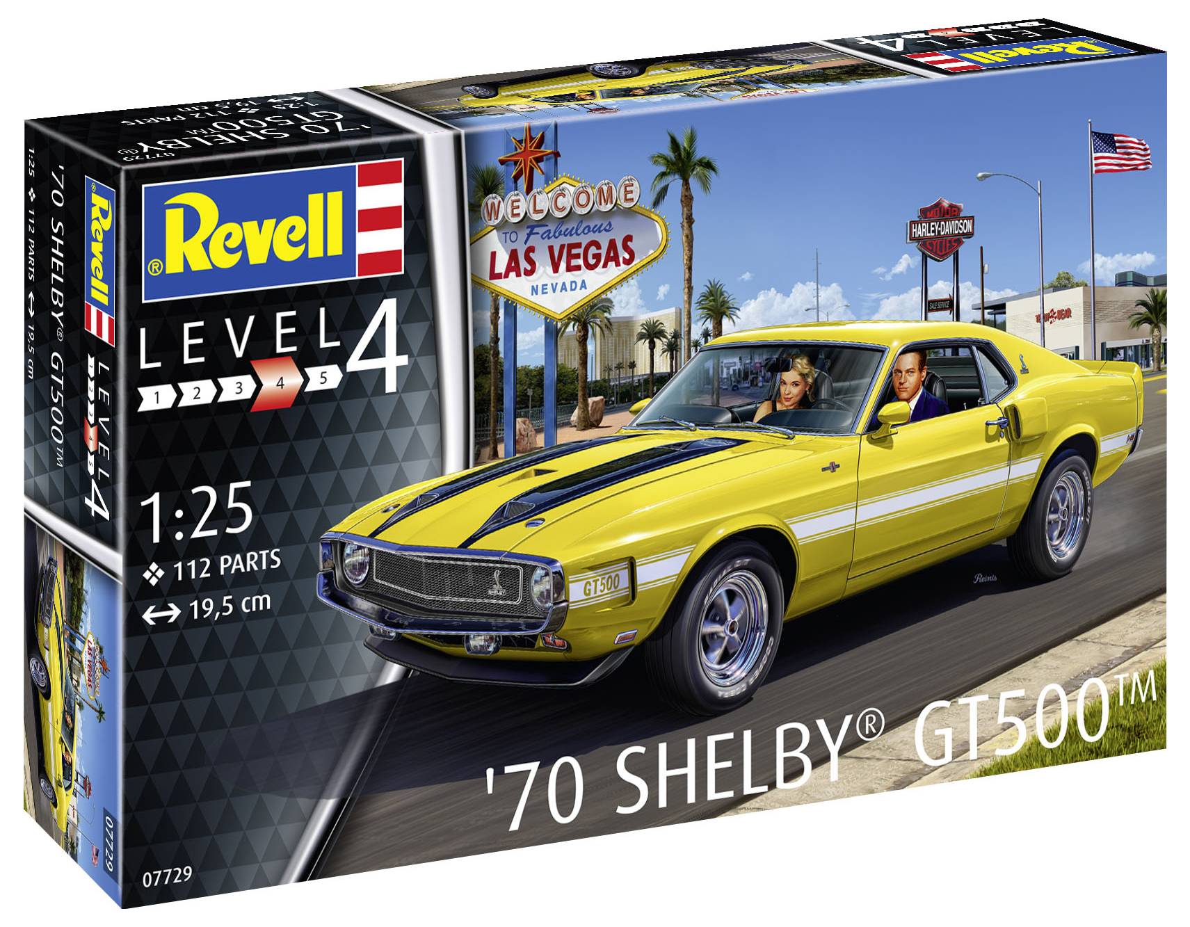 Modellbausatz von Revell; zeigt '70 Shelby GT500 auf der Verpackung mit zwei Personen im Auto; Las Vegas Schild im Hintergrund.