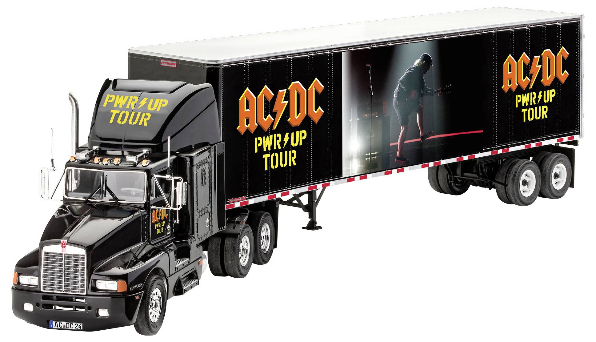 Ein schwarzer Lastwagen mit Anhänger, dekoriert mit 'AC/DC PWR/UP TOUR'-Grafik. Abgebildet ist ein Gitarrist im Rampenlicht.