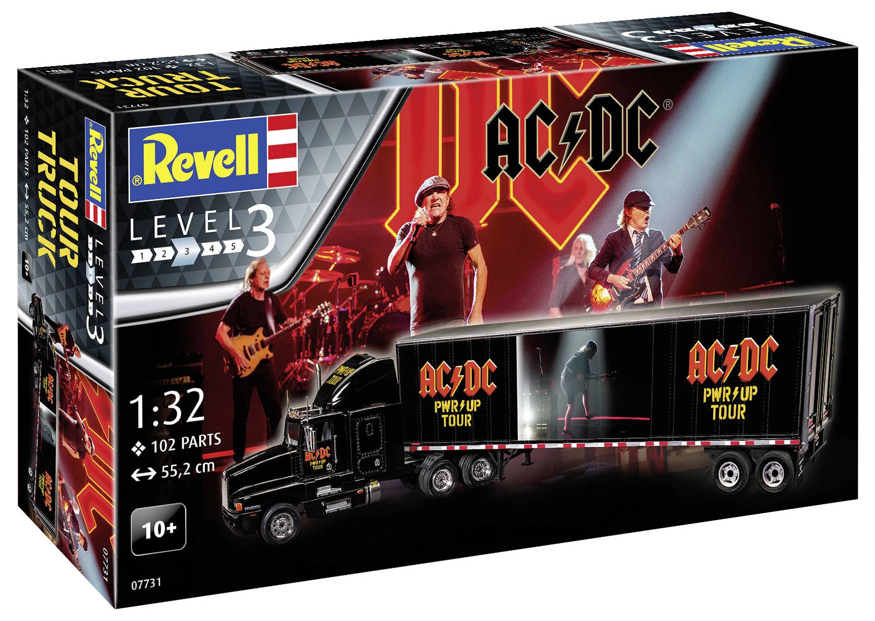 Spielzeugmodell eines AC/DC Tour Trucks 'PWR/UP Tour' von Revell. Enthält 102 Teile. Verpackung zeigt Bandmitglieder und ist für Kinder ab 10 Jahren geeignet.