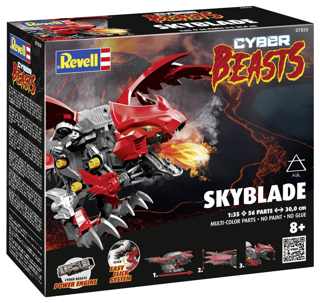 Eine Modellbauschachtel von Revell zeigt 'Cyber Beasts: Skyblade', einen feuerspeienden roten Drachen aus 56 Teilen für Kinder ab 8 Jahren.