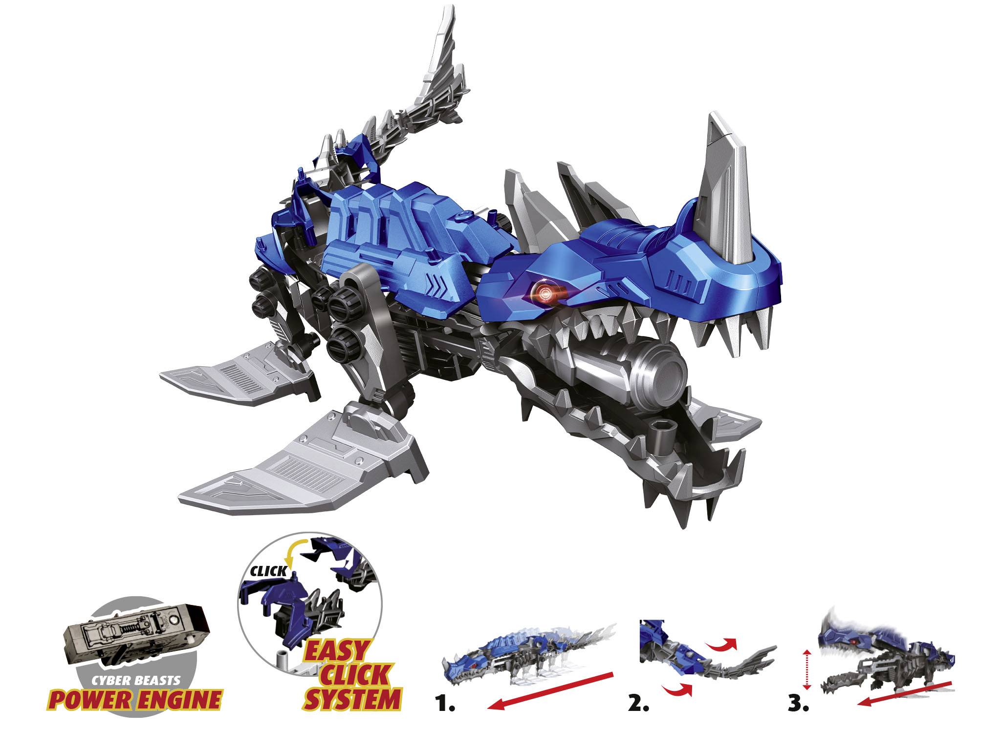 Spielzeugroboter in Form eines blauen Dinosauriers mit silbernen Details. Drei Schritte zum Zusammenbau sind unten abgebildet.