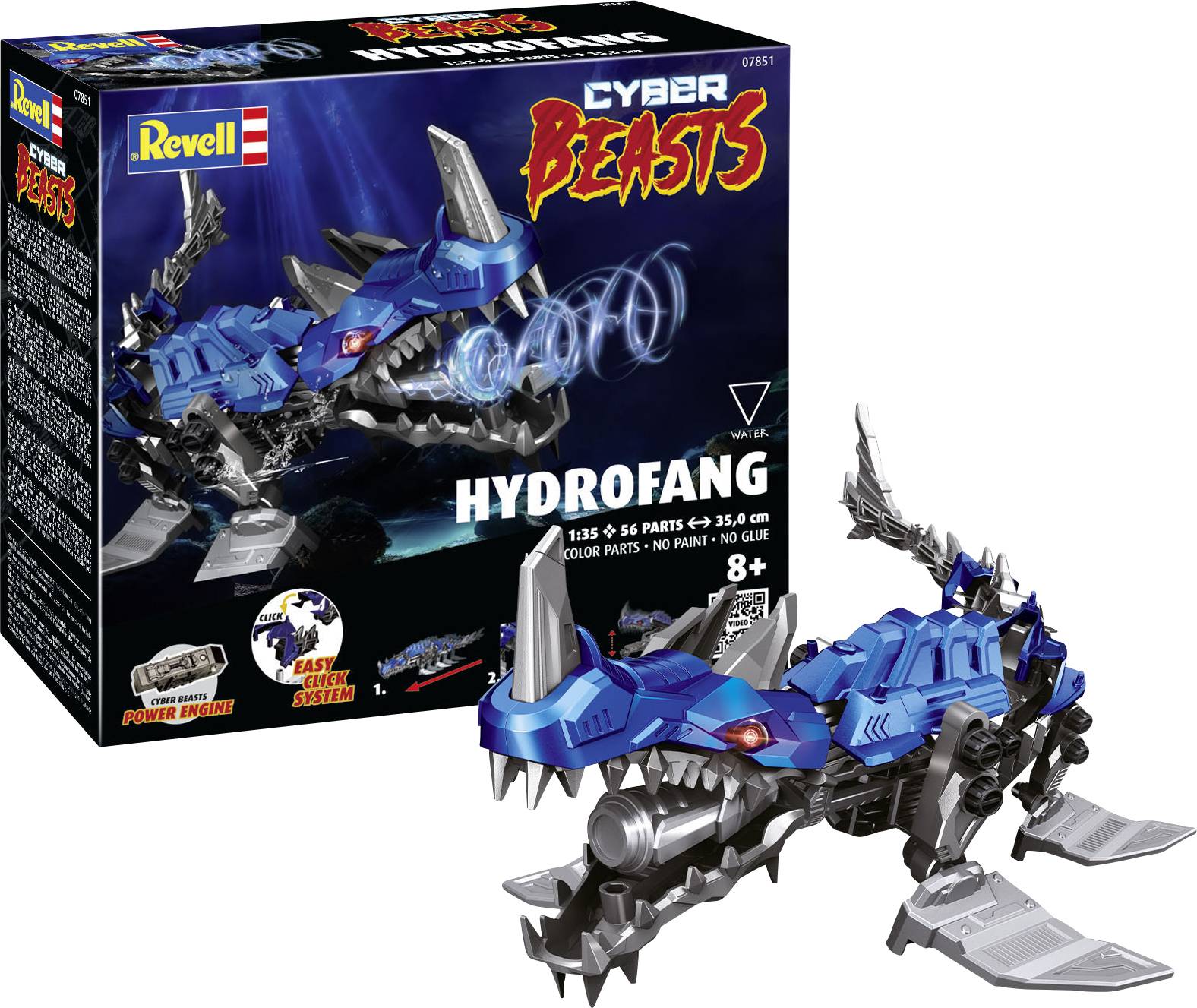 Bausatzmodell eines blauen mechanischen Dinosauriers namens 'Hydrofang' von Revell. Enthält 56 Teile für Kinder ab 8 Jahren. Verpackung zeigt das fertige Modell und Bauinformationen.