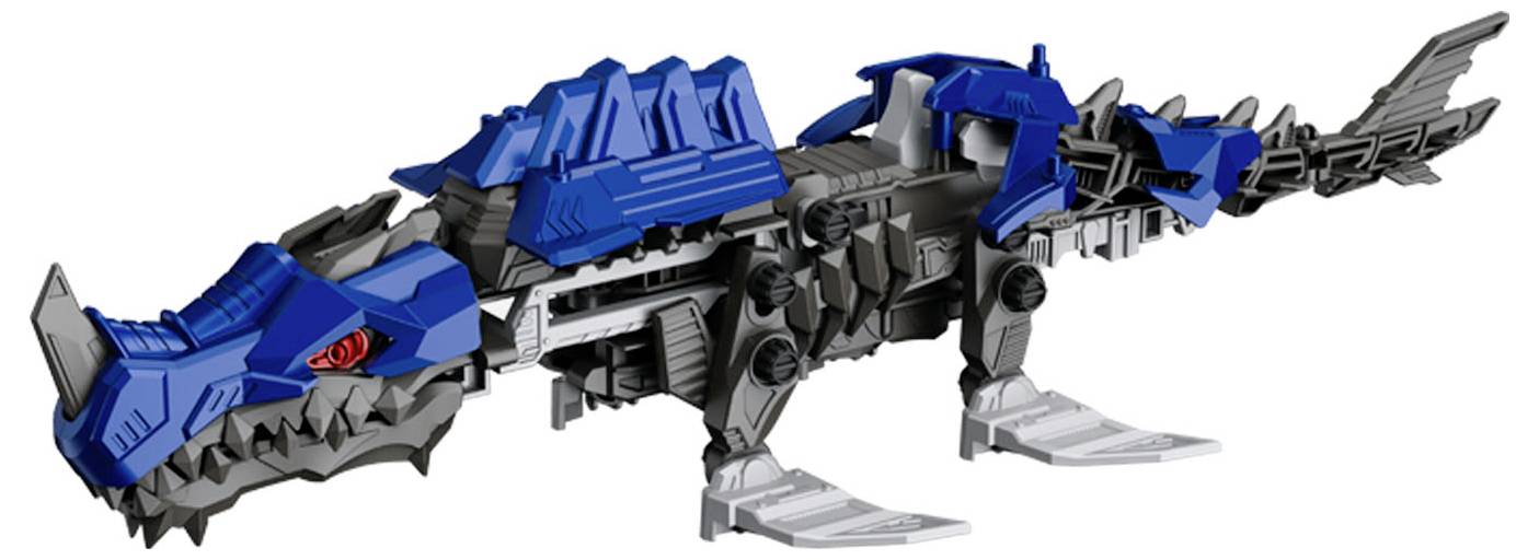 Spielzeugmodell eines mechanischen Dinosauriers, blau und grau mit roten Augen. Form ähnelt einem Stegosaurus.