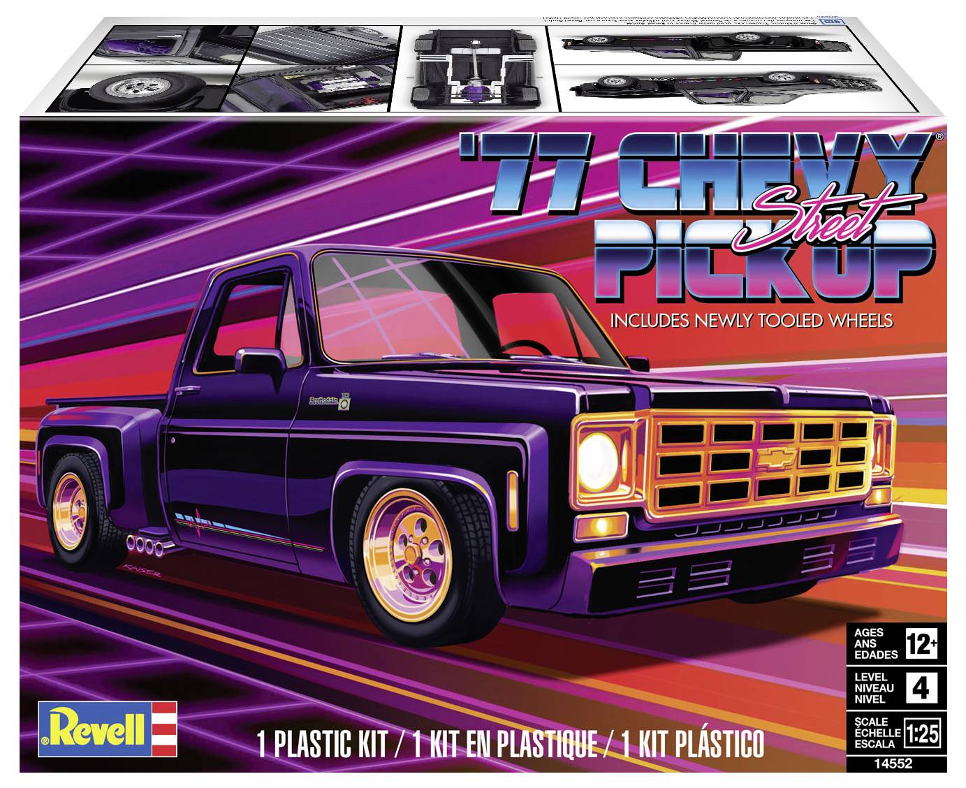 Modellbausatz-Verpackung eines roten '77 Chevy Street Pickups. Enthält 