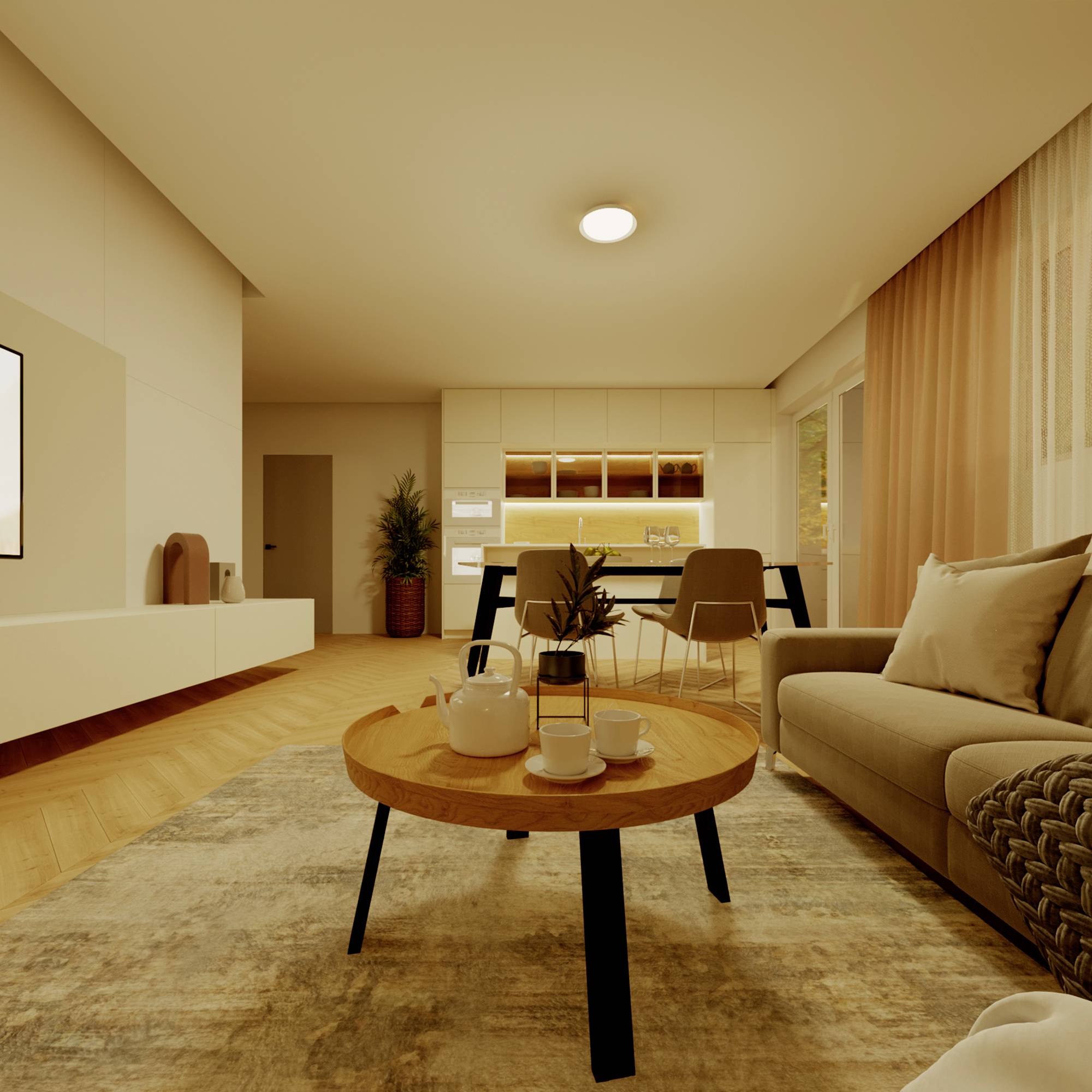 Gemütliches Wohnzimmer mit Sofa, rundem Holztisch, Teetassen und Küchenecke im Hintergrund. Warme Beleuchtung schafft eine einladende Atmosphäre.