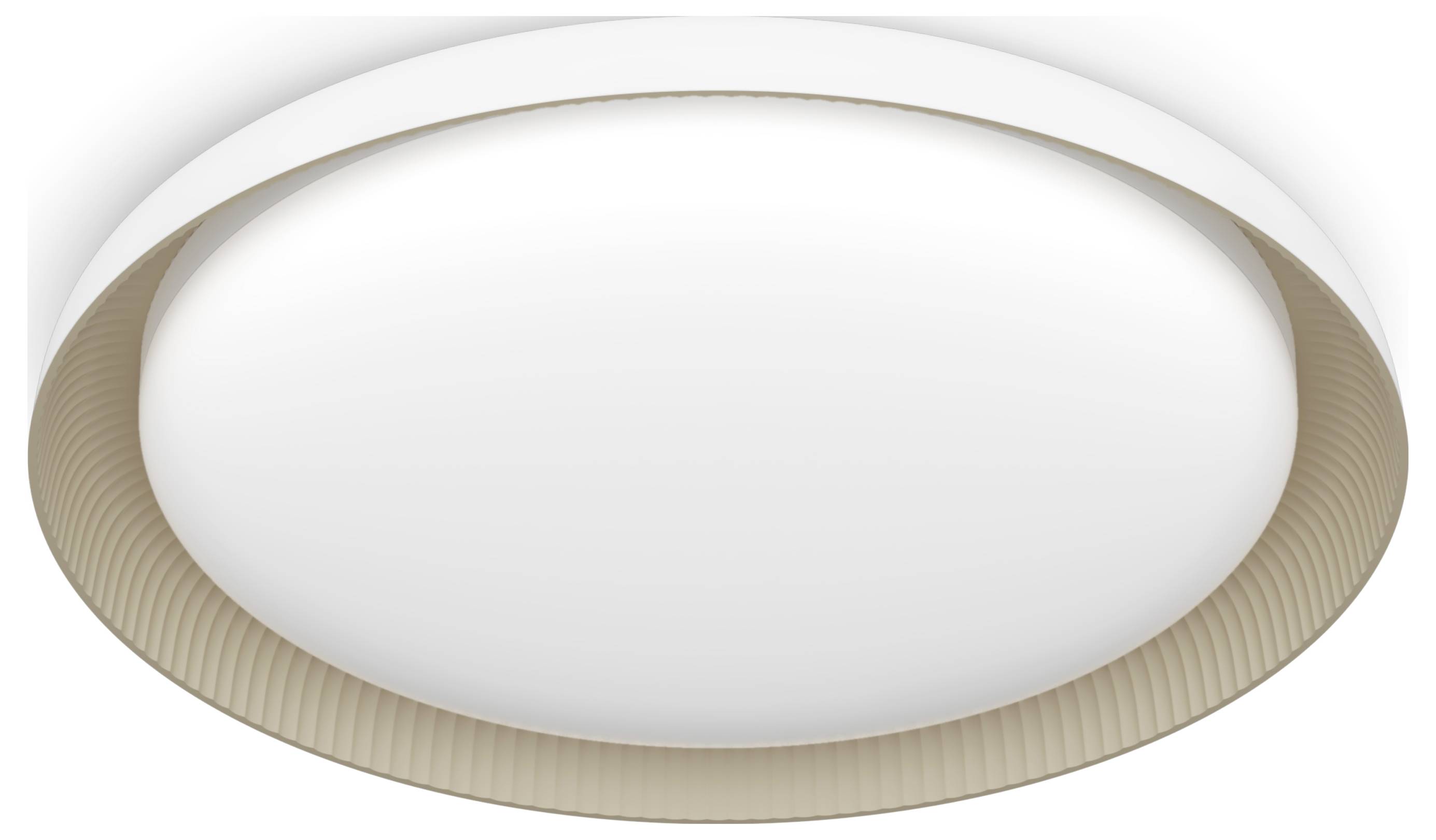 Runde Deckenleuchte mit weißem Schirm und geripptem Rand, ideal für moderne Innenräume.