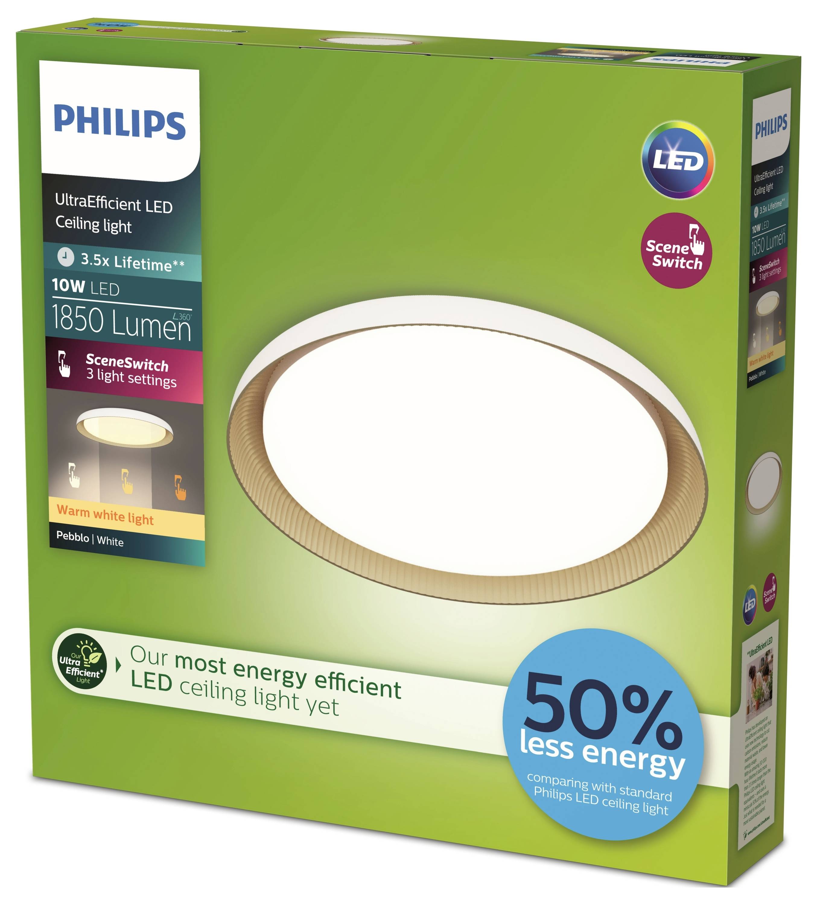 Verpackung eines Philips LED-Deckenlichts mit 1850 Lumen, zeigt Energieeffizienz von 50 % im Vergleich zu Standard-LED.