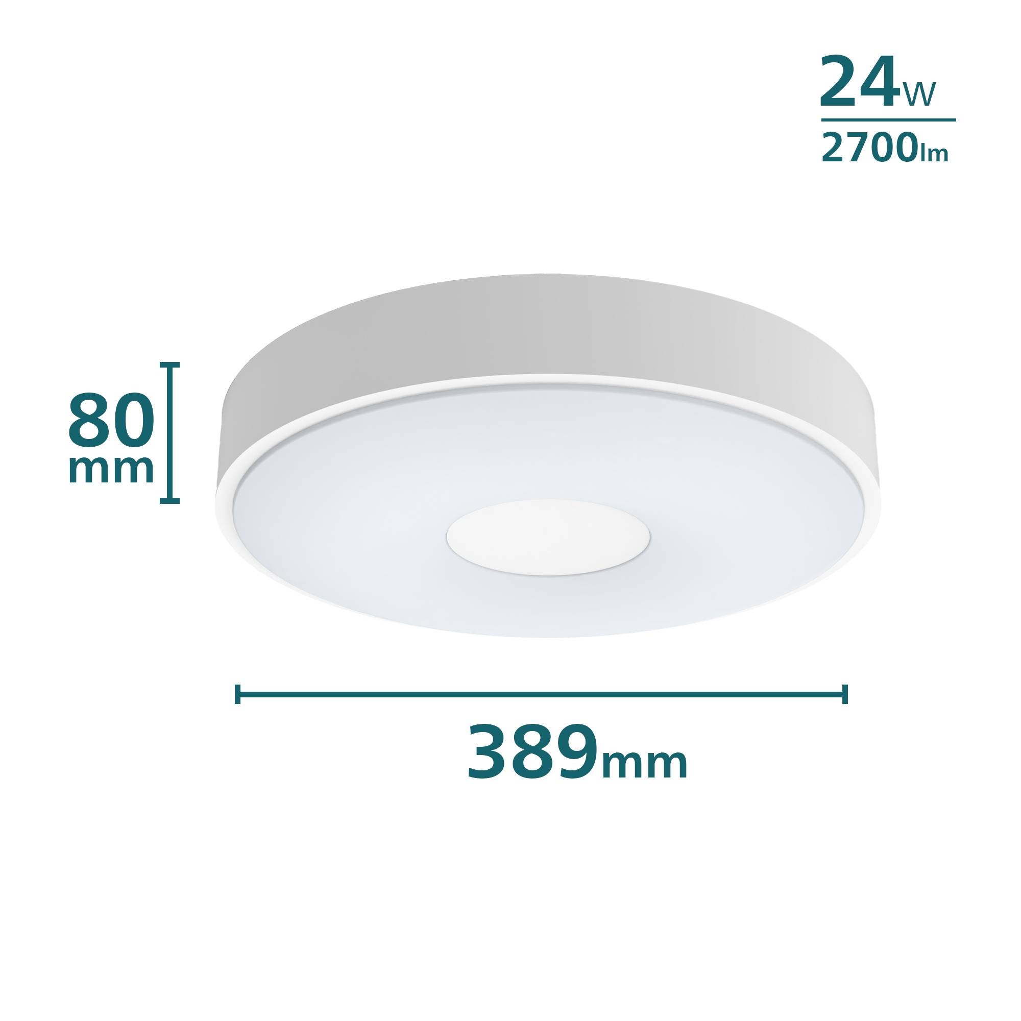 Moderne, runde LED-Deckenleuchte in Weiß mit Maßen 389 mm Breite und 80 mm Höhe, 24 Watt Leistung und 2700 Lumen Helligkeit.