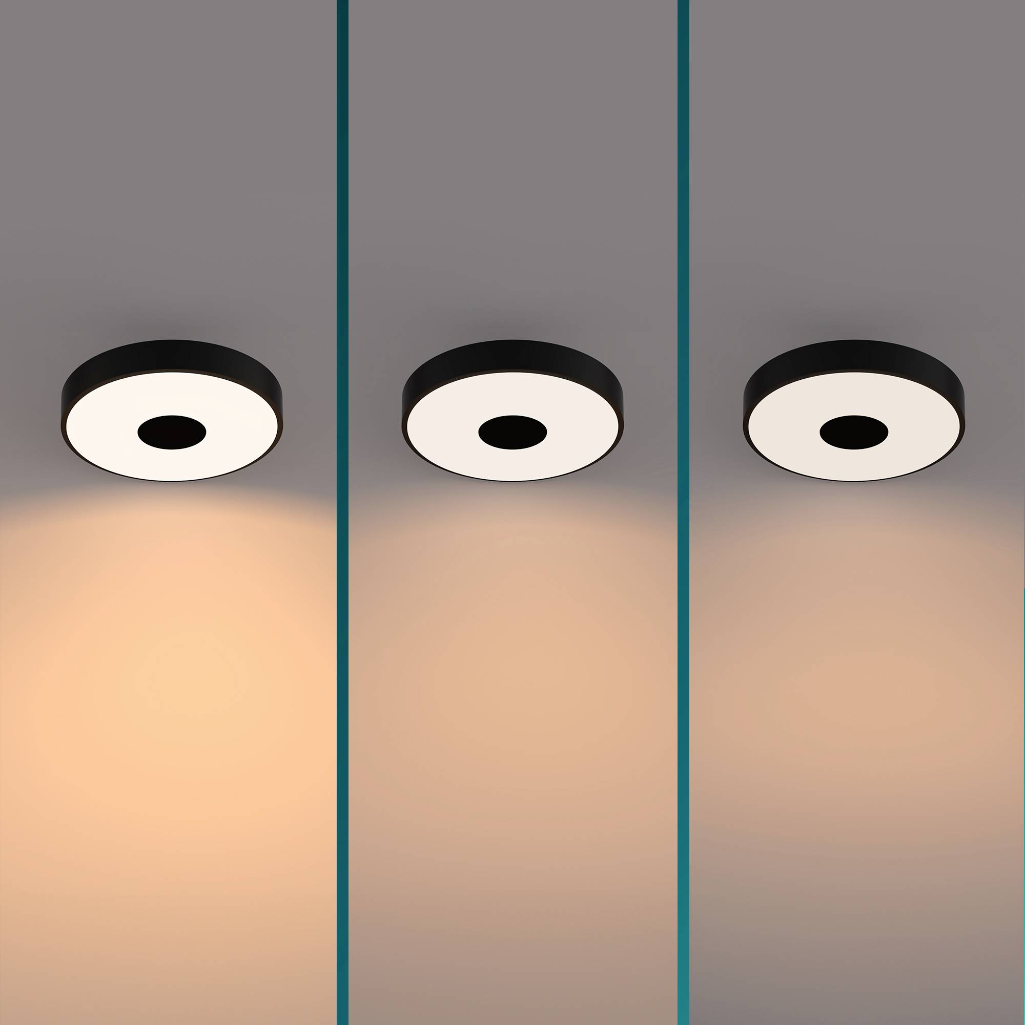 Drei Deckenlampen, jede zeigt verschiedene Stufen der Beleuchtung von warm bis kalt. Links warmes Licht, rechts kühleres Licht.