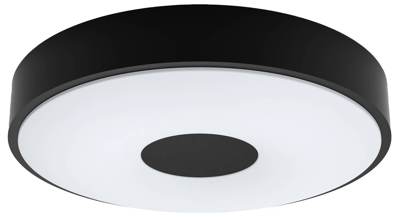 Schwarze, runde Deckenlampe mit zentralem Leuchtbereich; modernes Design für Innenbeleuchtung.