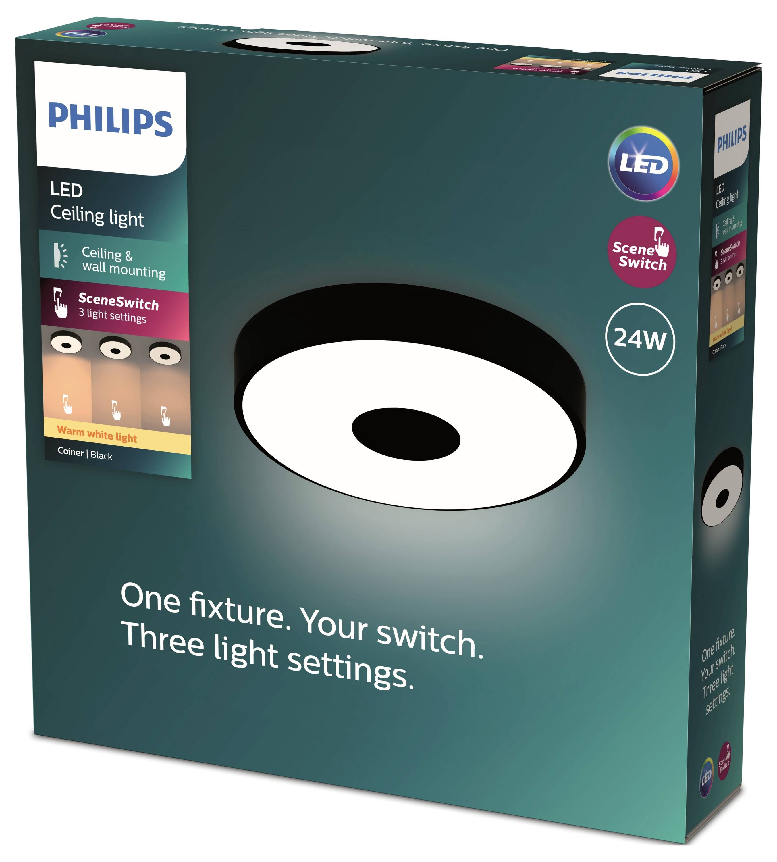 Philips LED-Deckenlampe-Verpackung. Enthält Informationen über die Montage und drei Lichtstimmungen. 24W, Farbe: Schwarz.