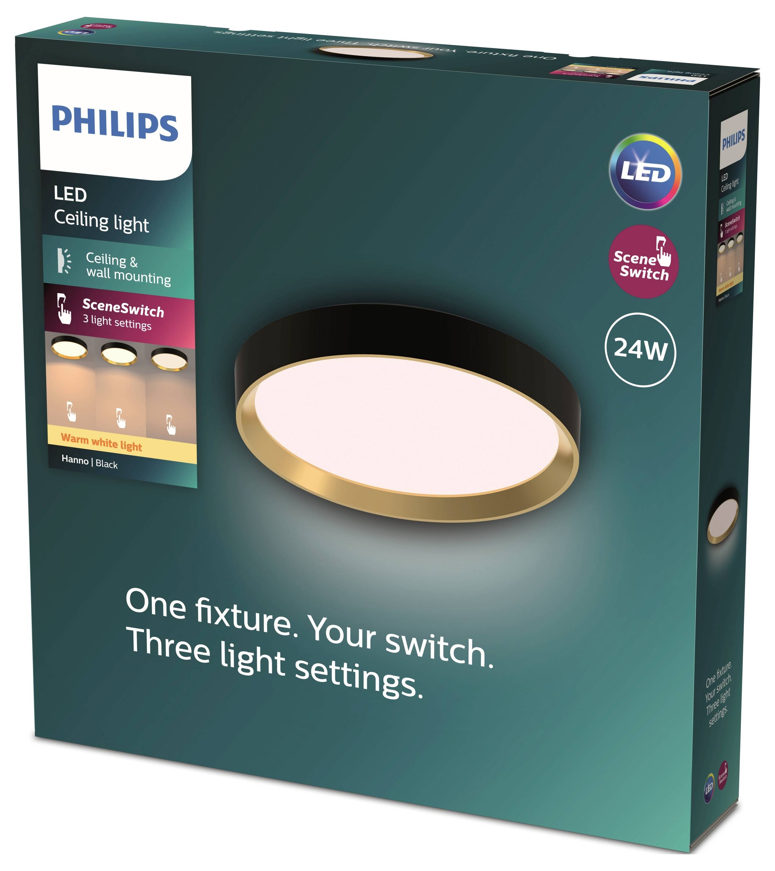 Philips LED-Deckenleuchte, 24W, schwarz, Warmweiß, drei Lichtmodi: Arbeiten, Energie, Entspannen. Für Decken- und Wandmontage.