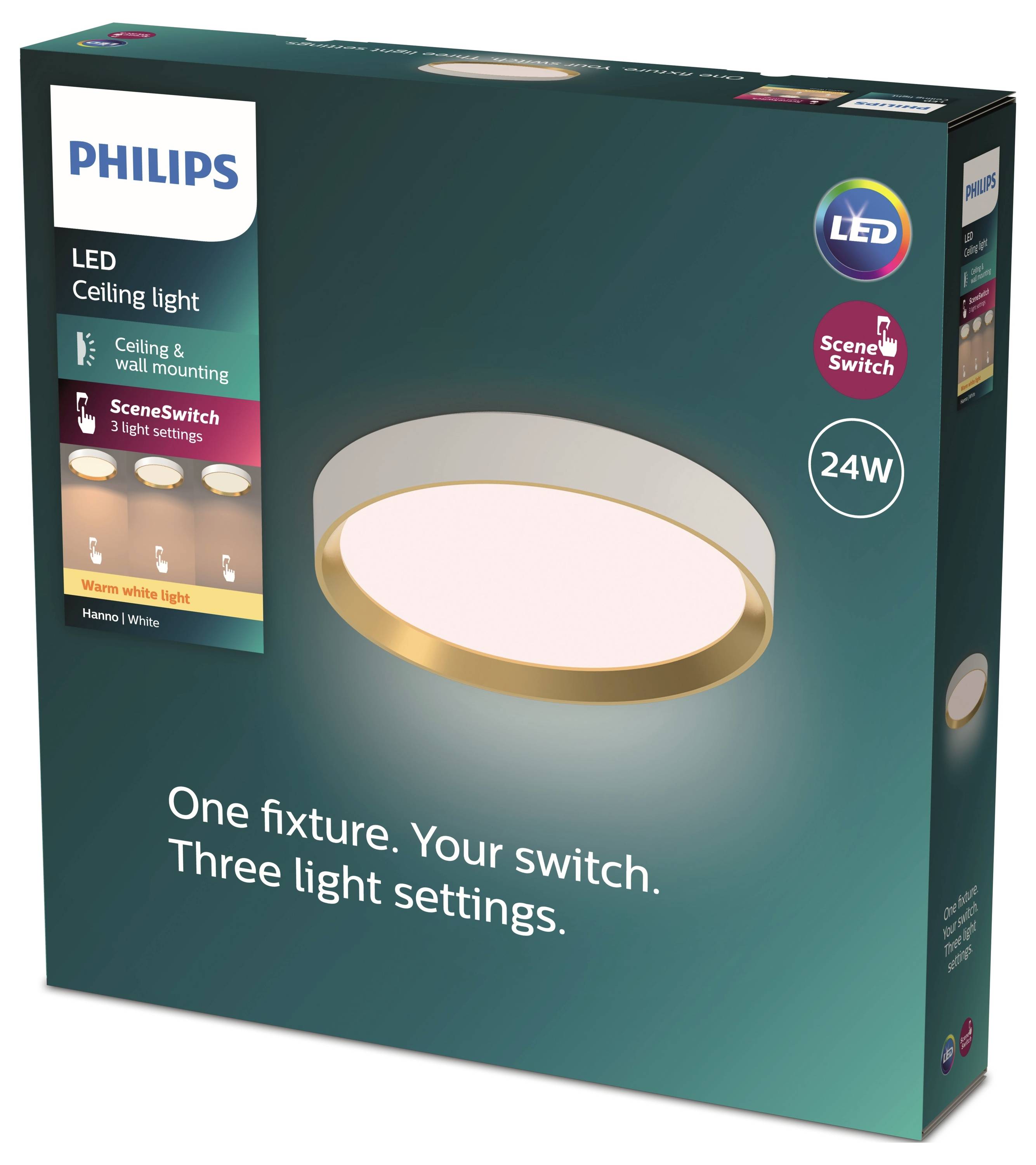 Verpackung einer Philips LED-Deckenleuchte mit 24W, warmem und weißem Licht sowie SceneSwitch-Funktion für drei Lichtstufen.