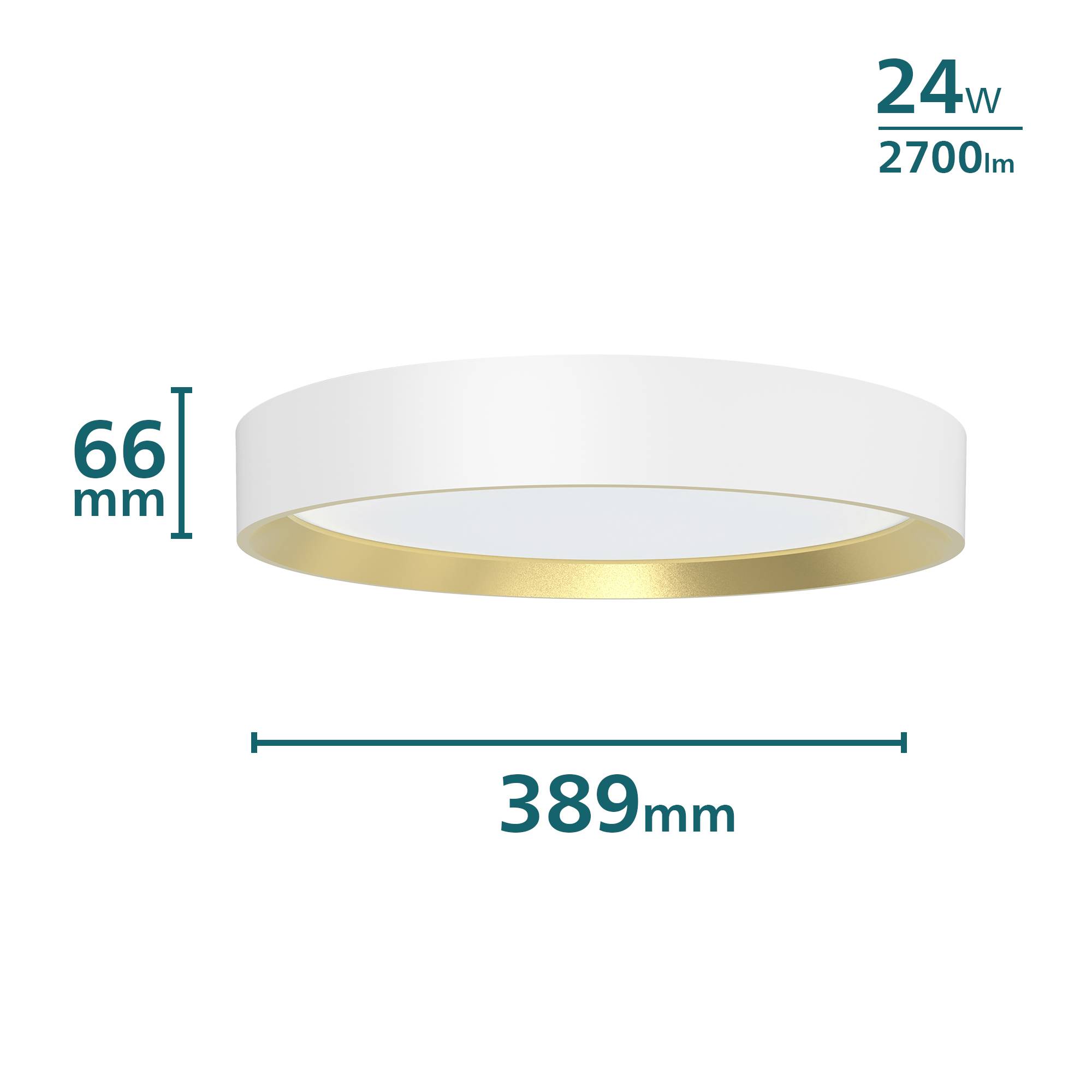 LED-Deckenleuchte, runde Form, 24W, 2700 Lumen, weiß-gold. Maße: Durchmesser 389 mm, Höhe 66 mm.