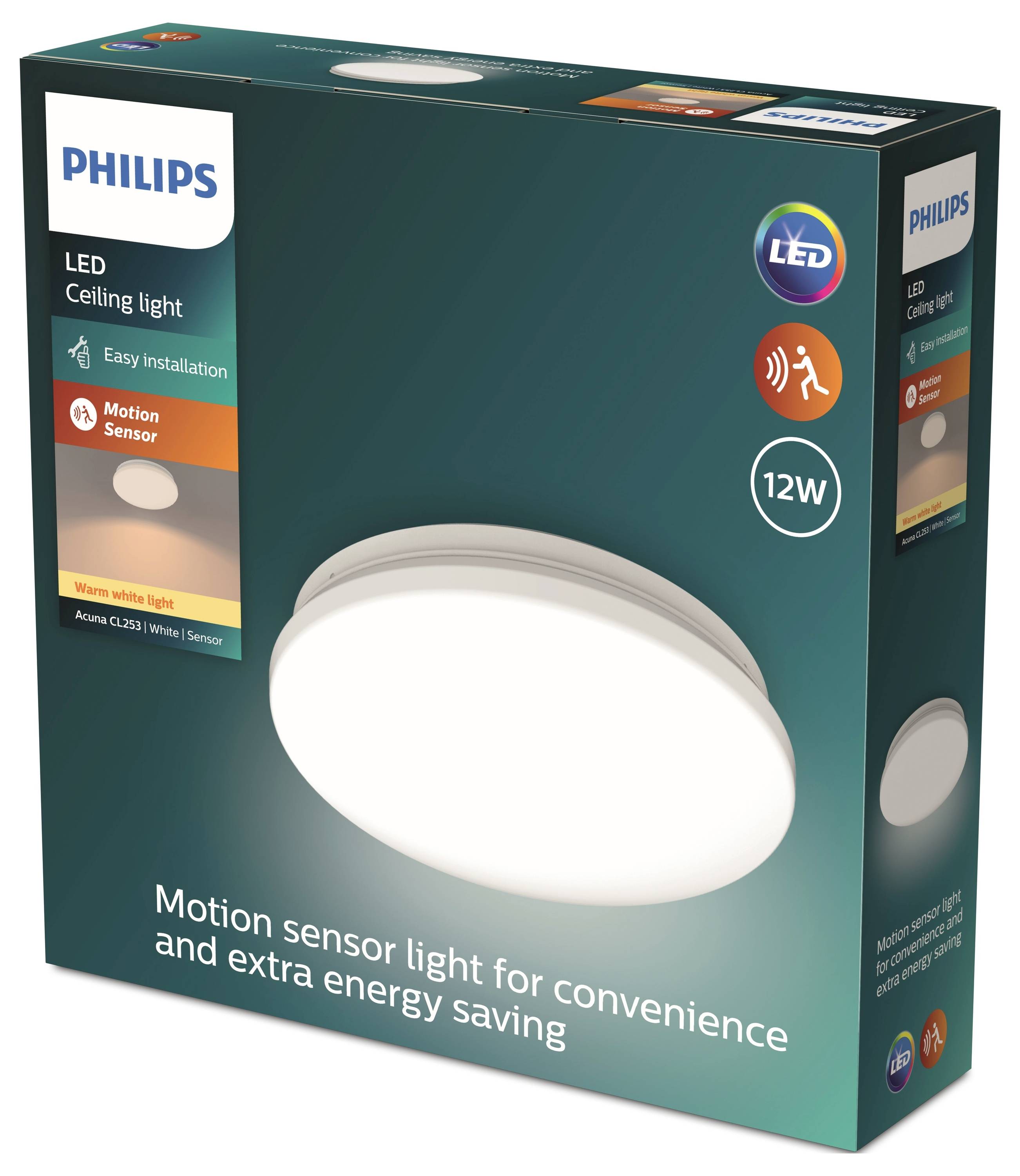Die Verpackung zeigt eine runde LED-Deckenleuchte mit Bewegungsmelder. Aufdruck: 'Motion sensor light for convenience and extra energy saving.'