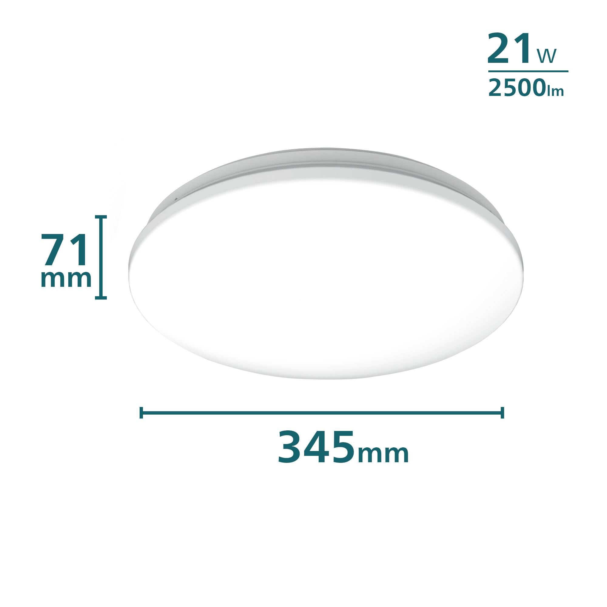 Runde LED-Deckenleuchte mit einem Durchmesser von 345 mm, Leistung 21 W und Helligkeit von 2500 lm. Höhe beträgt 71 mm.