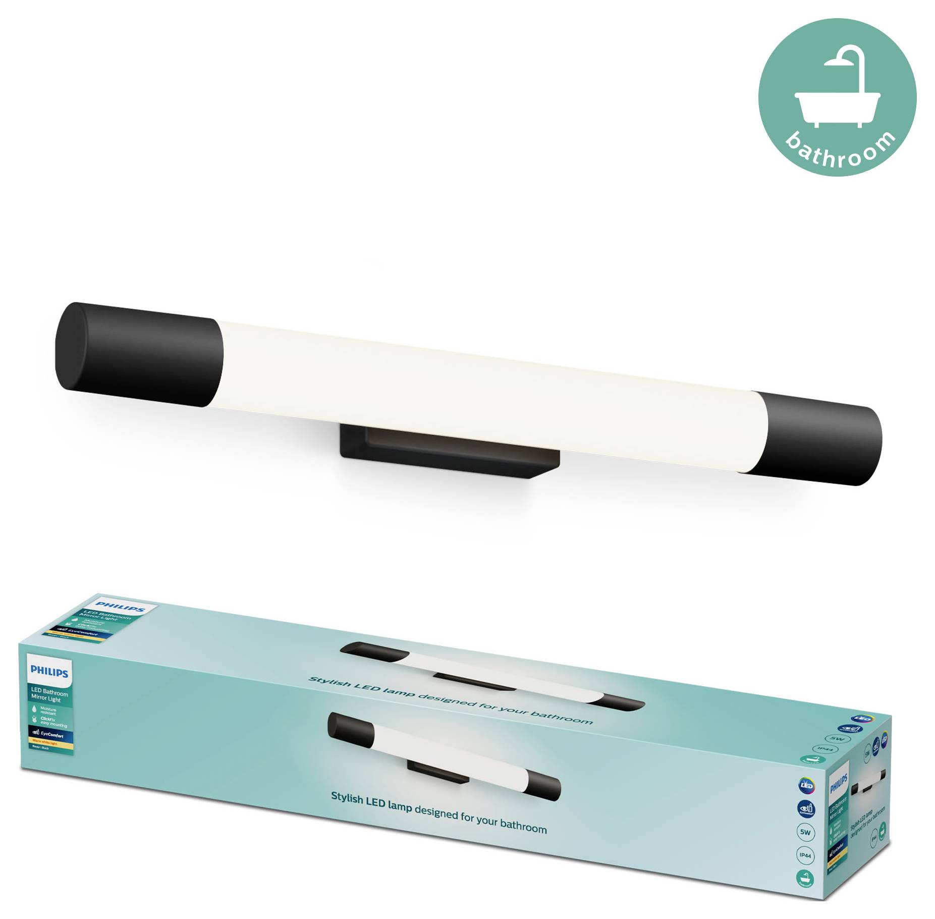 Schlanke LED-Lampe von Philips, geeignet für Badezimmer; abgebildet über der Verpackung mit ähnlichem Design.