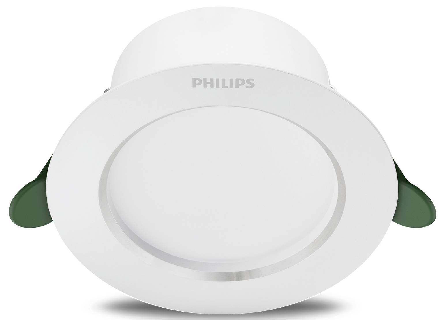 Eine runde, weiße Einbauleuchte der Marke Philips mit grünlichen Clips an den Seiten, geeignet für Deckenmontage.