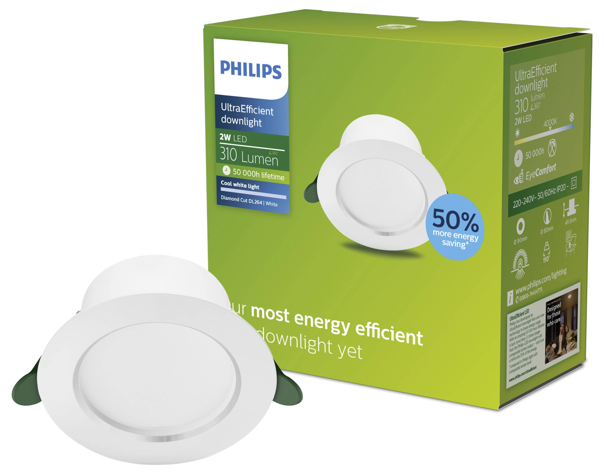 'Philips UltraEfficient LED Downlight', 2W, 310 Lumen, Diamant-Schliff, Energieeinsparung von 50%, kühles weißes Licht.