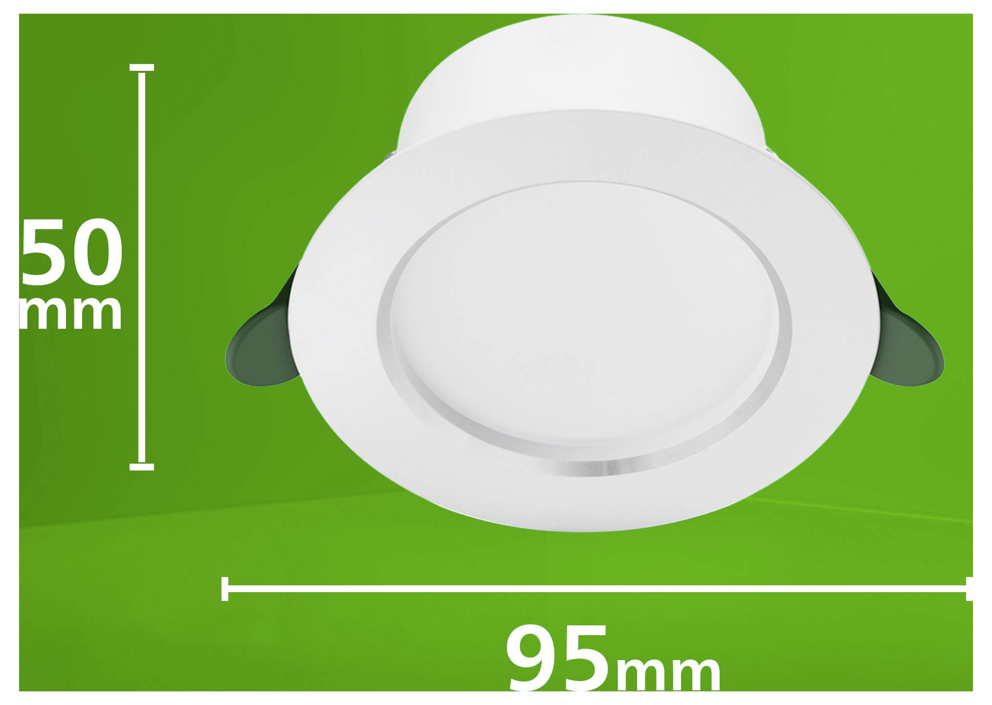 Draufsicht einer runden weißen Befestigung auf grünem Hintergrund, beschriftet mit 50 mm Höhe und 95 mm Breite.