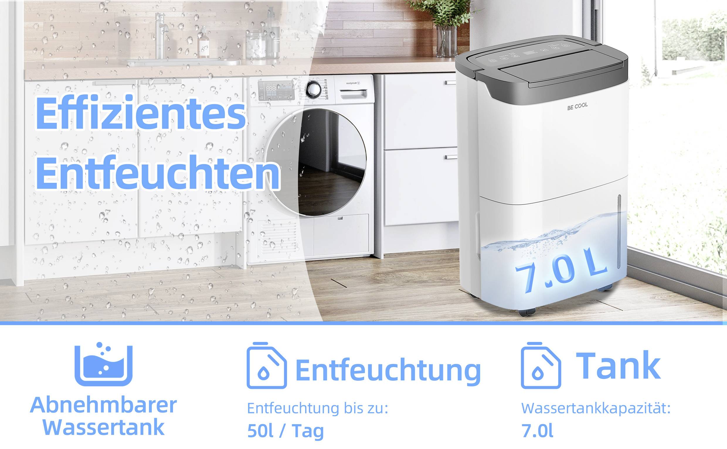 Entfeuchtungsgerät mit 50L/Tag Leistung, 7L Wassertank. Text: Effizientes Entfeuchten. Abnehmbarer Wassertank.
