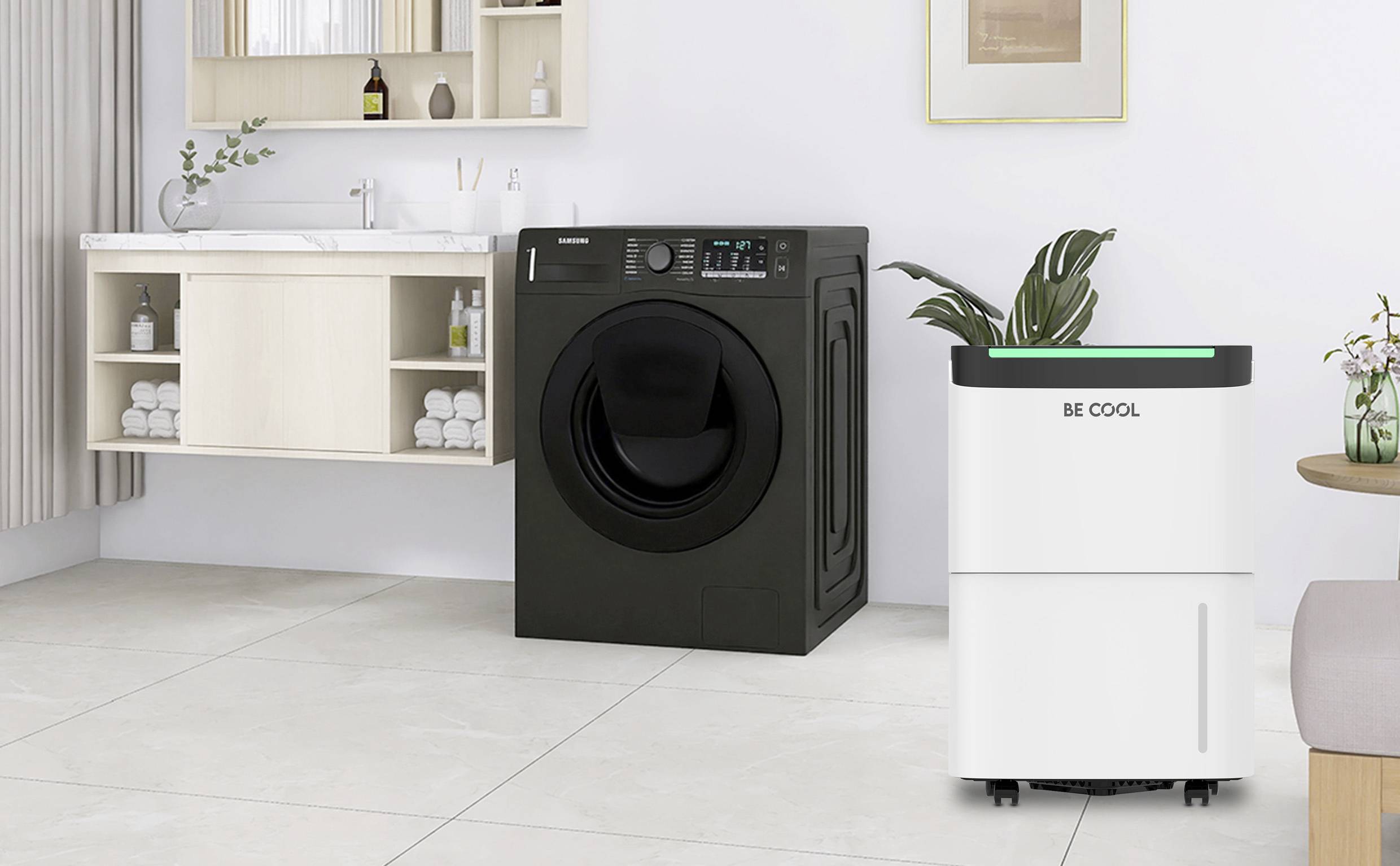 Ein modernes Badezimmer mit einer schwarzen Waschmaschine und einem weißen Luftreiniger, dekoriert mit Pflanzen und minimalistischen Möbeln.