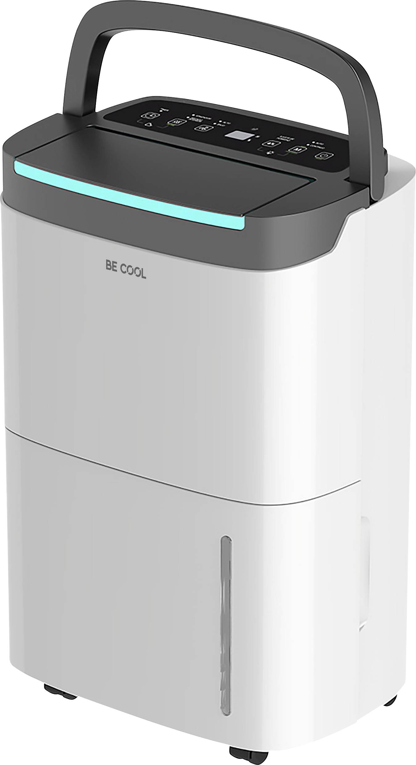 Tragbarer Luftentfeuchter mit digitalem Bedienfeld, schwarzem Griff und Wasserstandsanzeige an der Seite.