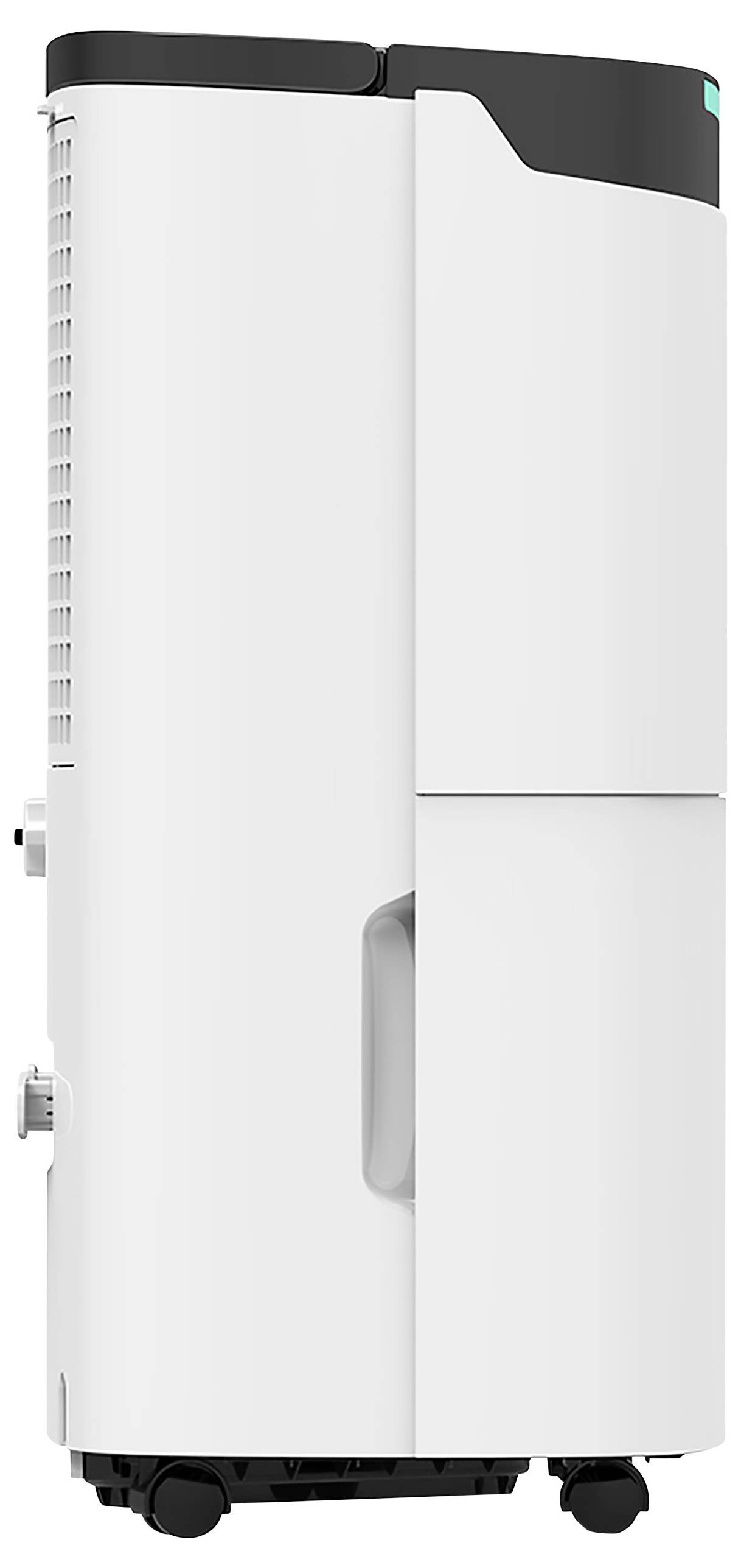 Ein moderner, weißer Luftentfeuchter auf Rädern, seitlich gezeigt, mit Lüftungsschlitzen und einem Griff für einfachen Transport.